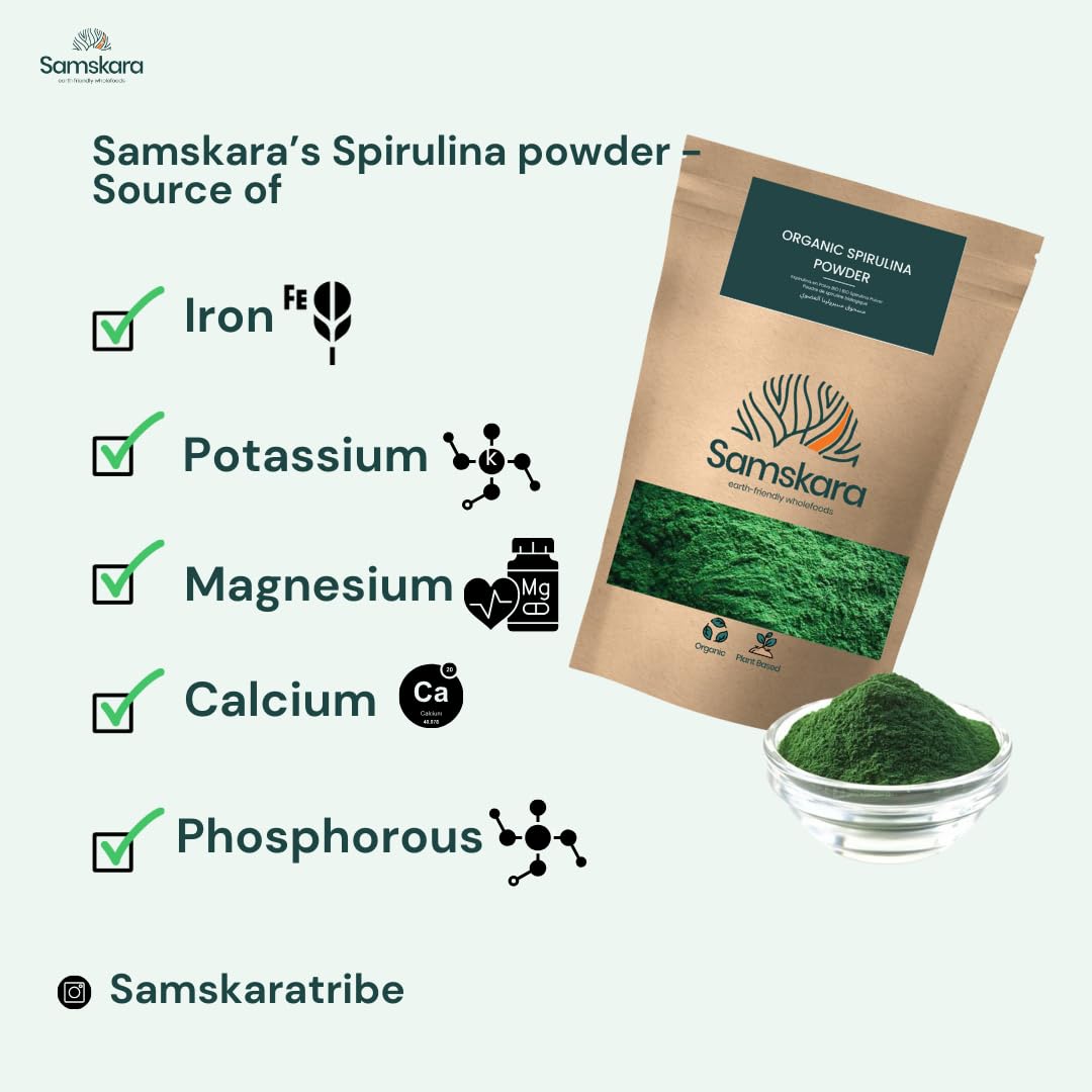 Espirulina en Polvo BIO Samskara | 63% Proteína + 6% Leucina | Alga Spirulina Orgánica y Ecológica | Superalimento Puro | Para Batidos, Yogur, Harinas, Sopas | Spirulina Powder ECO (1 kg)