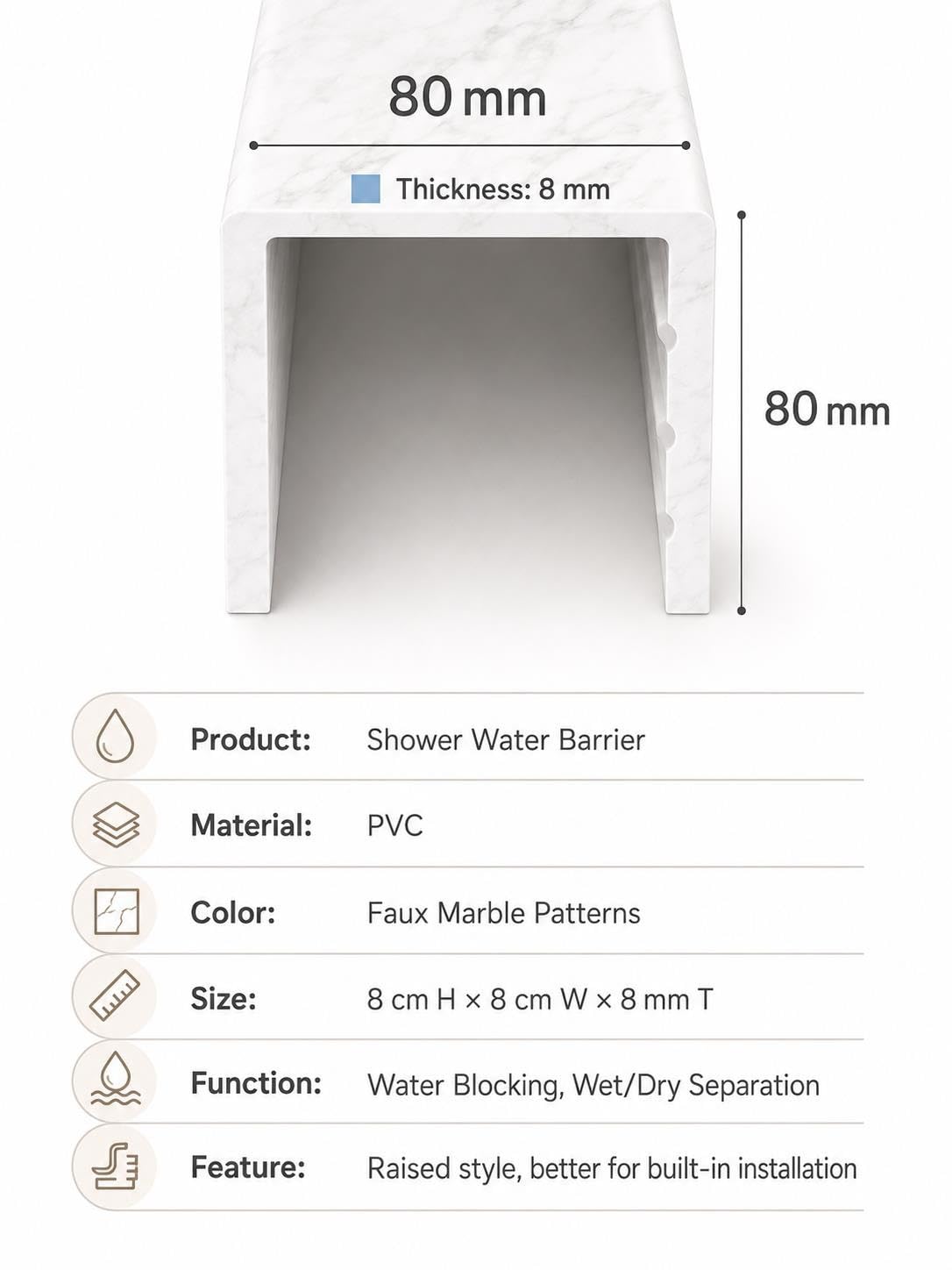Soglia doccia PVC 8 cm effetto marmo, barriera per zona umida
