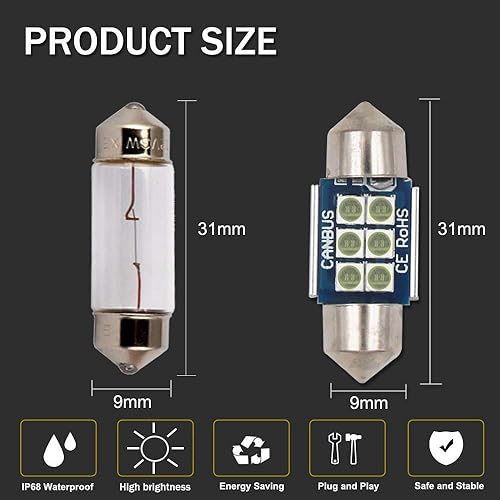 Miniatura 2 de HSUN Bombilla LED Festoon de 1.220 in, 12 V-14 V DE3175 3175 6428 6430 DE3021 DE3022 DE3023 Canbus sin errores con chip 6LED SMD3030 para luz de