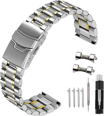 Kai Tian 20mm 22mm Stainless Steel Watach Bracelet, Silver Gold Two Ends Watch Strap for Men Women with Folding Clasp