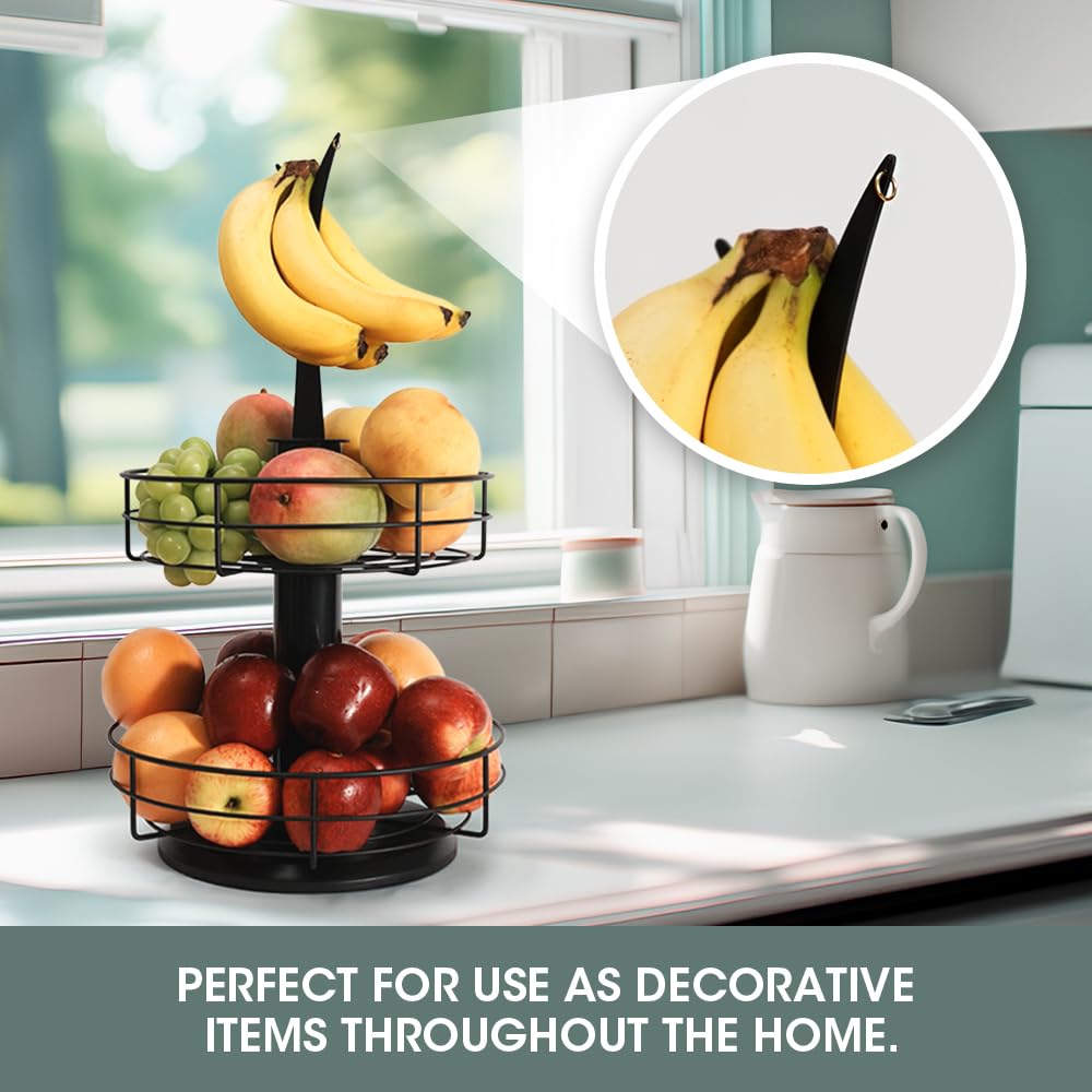 J JACKCUBE DESIGN Corbeille à fruits rotative à 2 niveaux pour comptoir de cuisine Panier à fruits et légumes avec support crochet banane (noir) – MK1313A