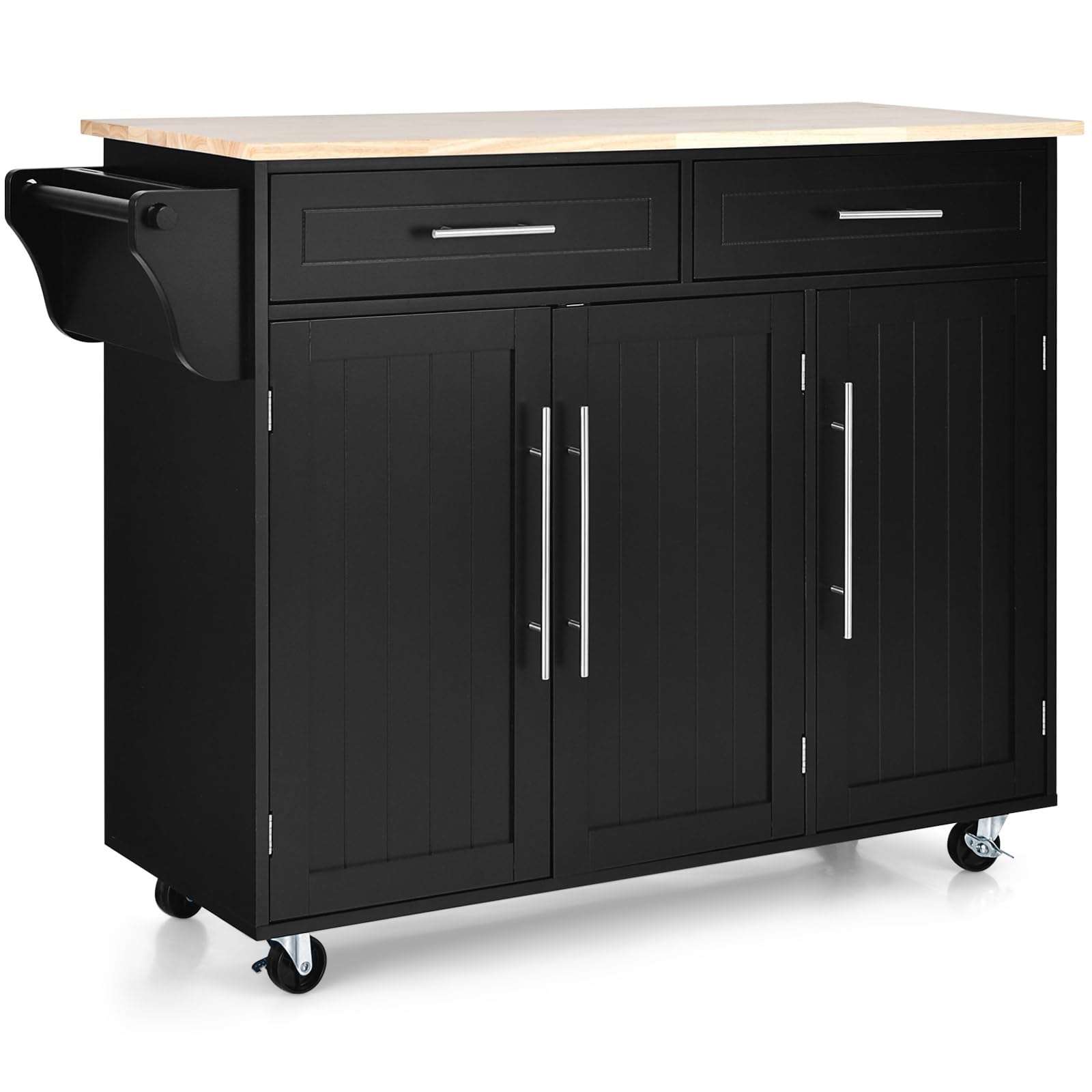 KOMFOTTEU Carrito de Cocina con Ruedas, Carro de Servicio con Encimera de Madera de Caucho, Isla de Cocina con Cajones, Toallero y Estantes Ajustables, Carrito Auxiliar, 122 x 46 x 92 cm (Negro)