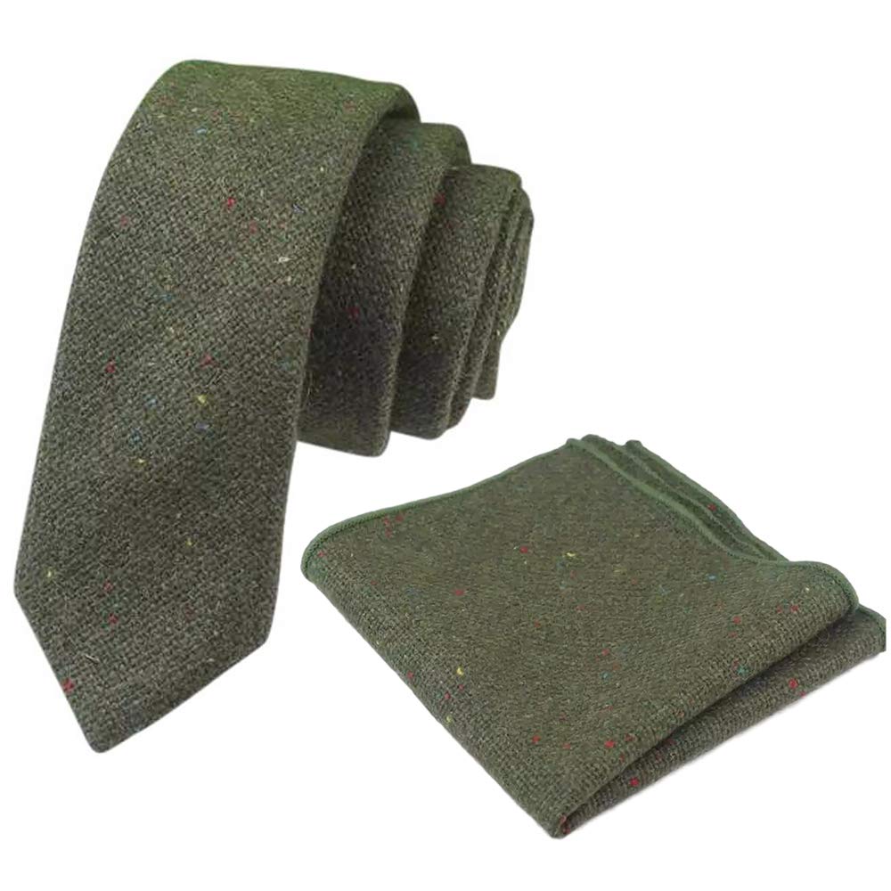 Db Dickie Bow Men's Olive Green Luxury Wool Skinny Neck Tie & Pocket Square Set (Olive Green) - Suitable For Formalwear, Office, Weddings, Parties, Grooms & Grooms Outfits