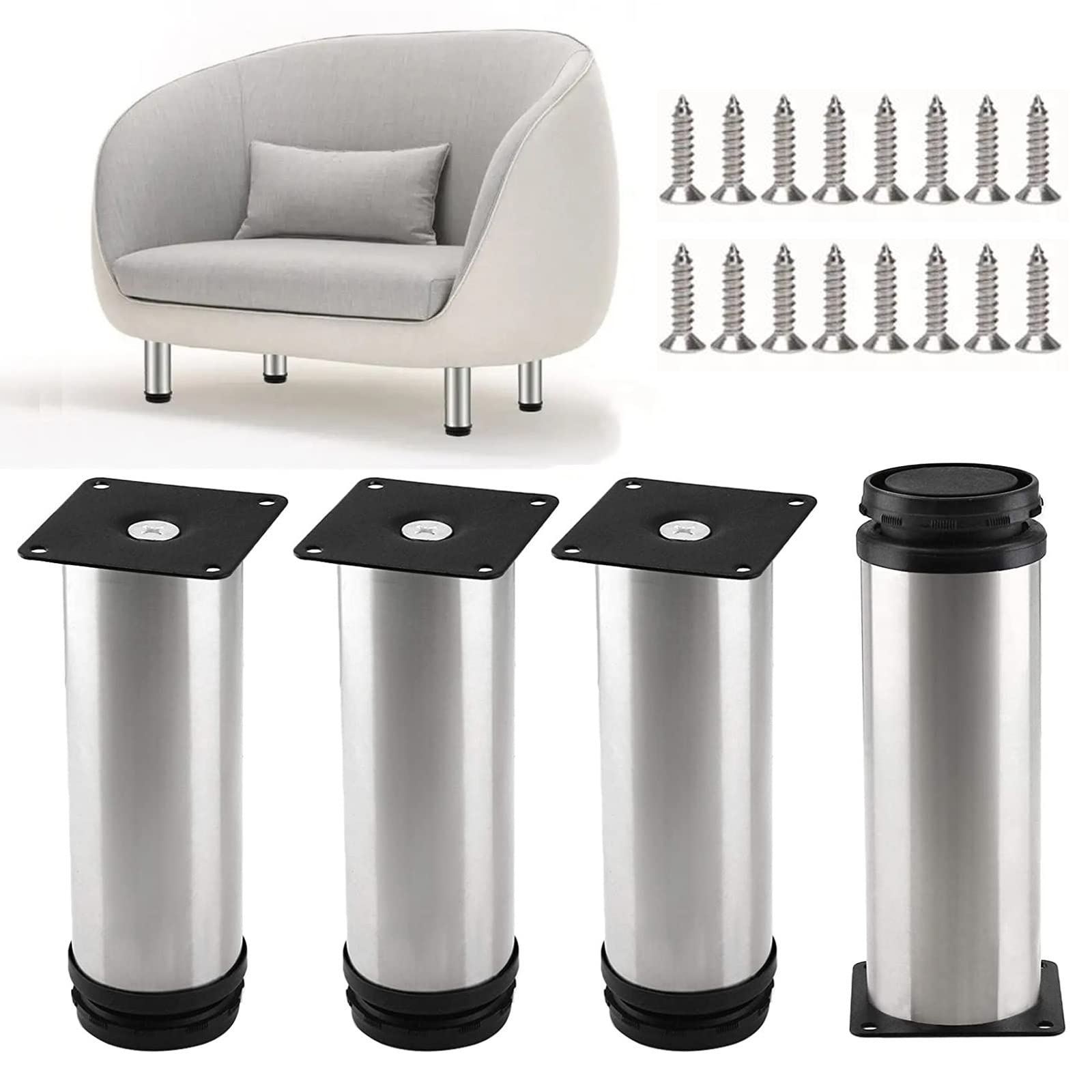 4 szt. nóżek meblowych ze stali nierdzewnej, okrągłe, do sofy, do szafki RTV, 12 cm, 15 cm, 18 cm, antypoślizgowe, regulowane, 25 cm (9,8 cala)