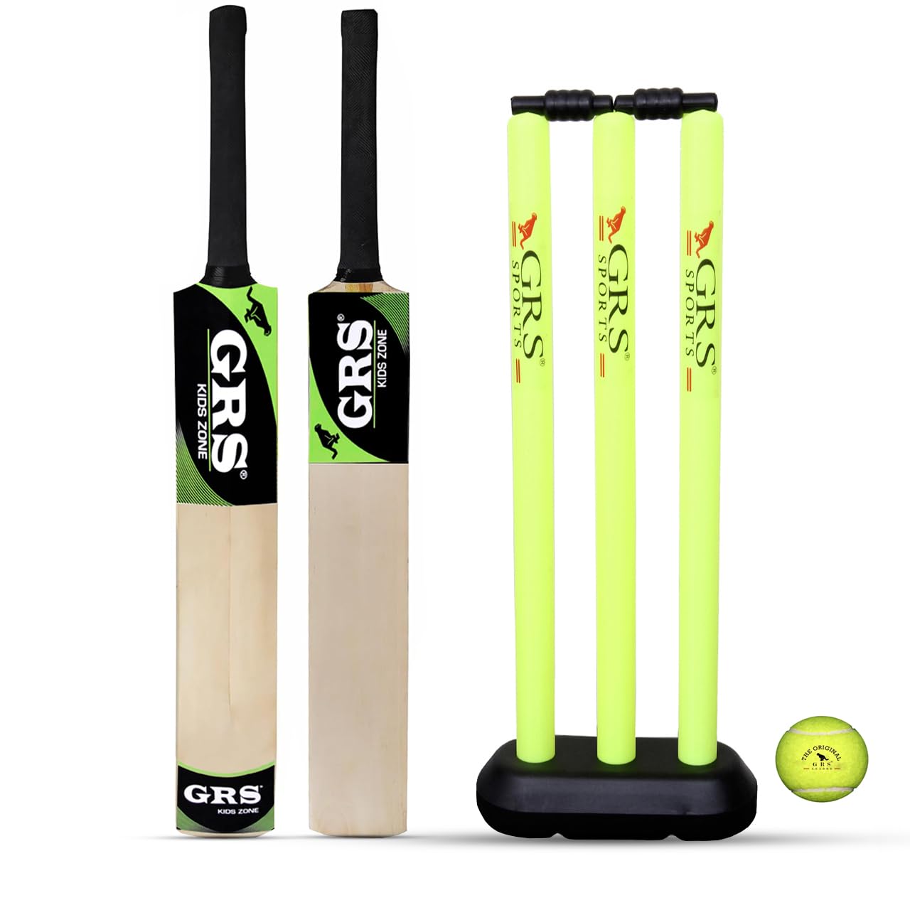 GRS Super Kids Zone Popular Willow Cricket Bat with Wicket Set & 1 Tennis Ball for Kids (Size 3, Age 6-10 Year Old Kids), Wood