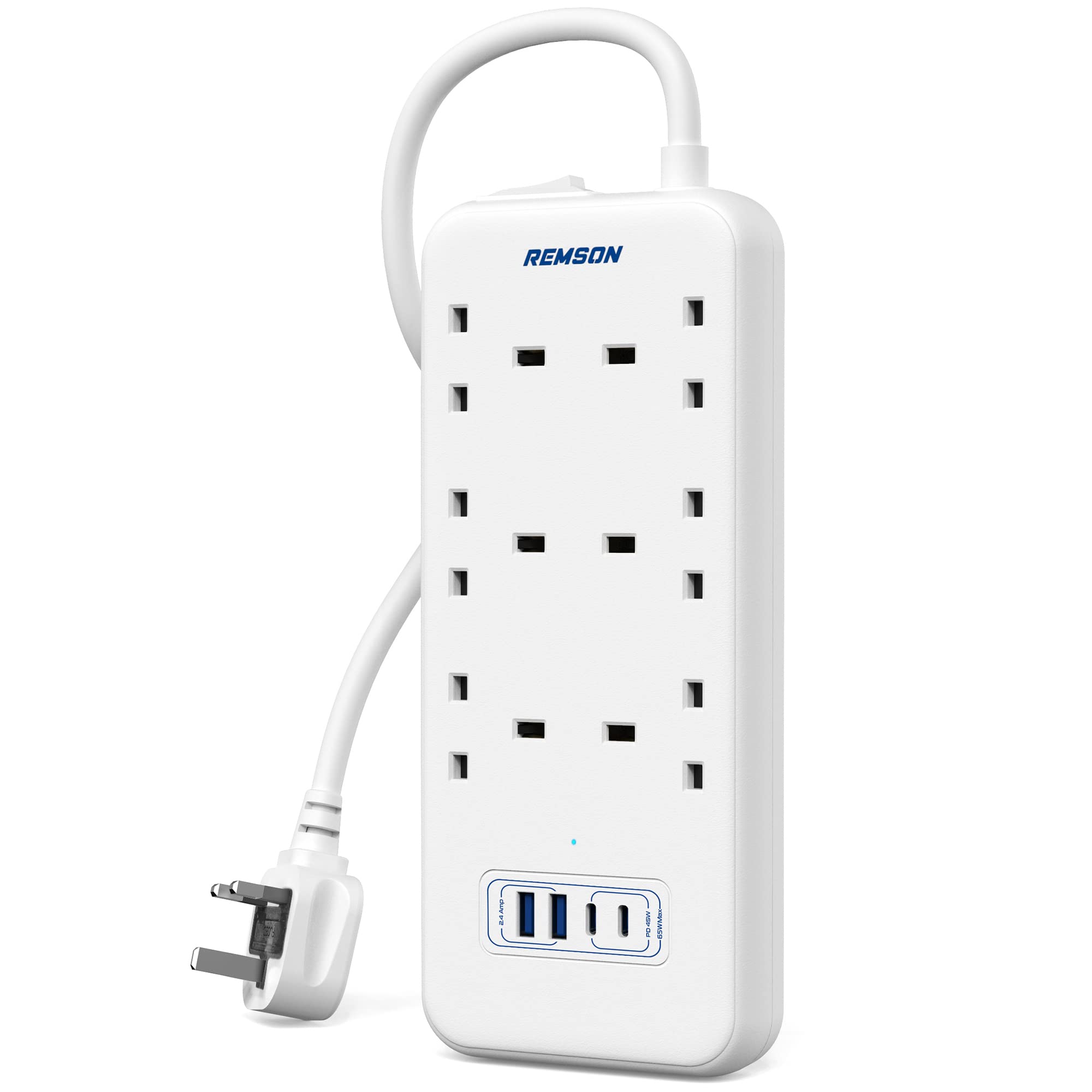 Remson 65W Essential 4 USB Surge Protector 10 Way 2 USB-C PD Ports + 2 USB-A Ports + 6 AC Outlets Fast Charging with 5M Cable Length