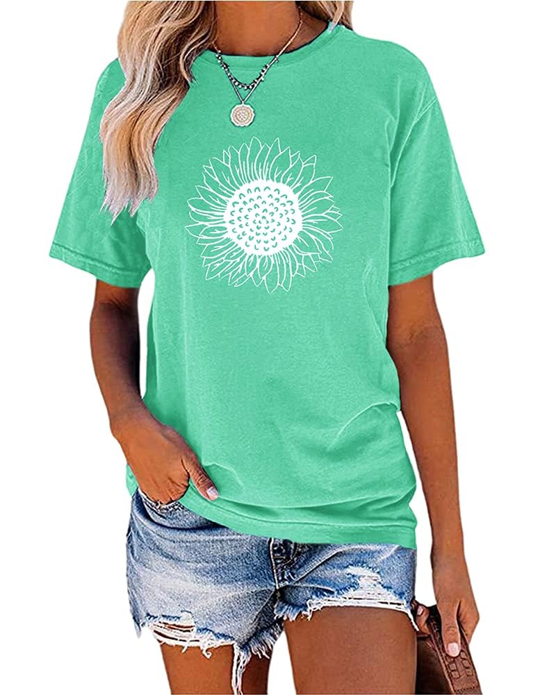 Cicy Bell Damen Sonnenblumen Kurzarm T-Shirts Vintage Niedlich Grafik Rundhals Sommer Lässig Oberteile Tops grün M