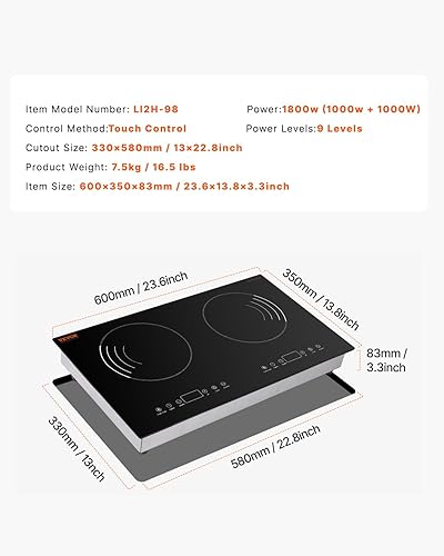 Miniatura 7 de VEVOR Placa de inducción, quemador eléctrico de encimera de 1800 W con 9 ajustes de potencia, estufa de control táctil de 2 quemadores, estufa de