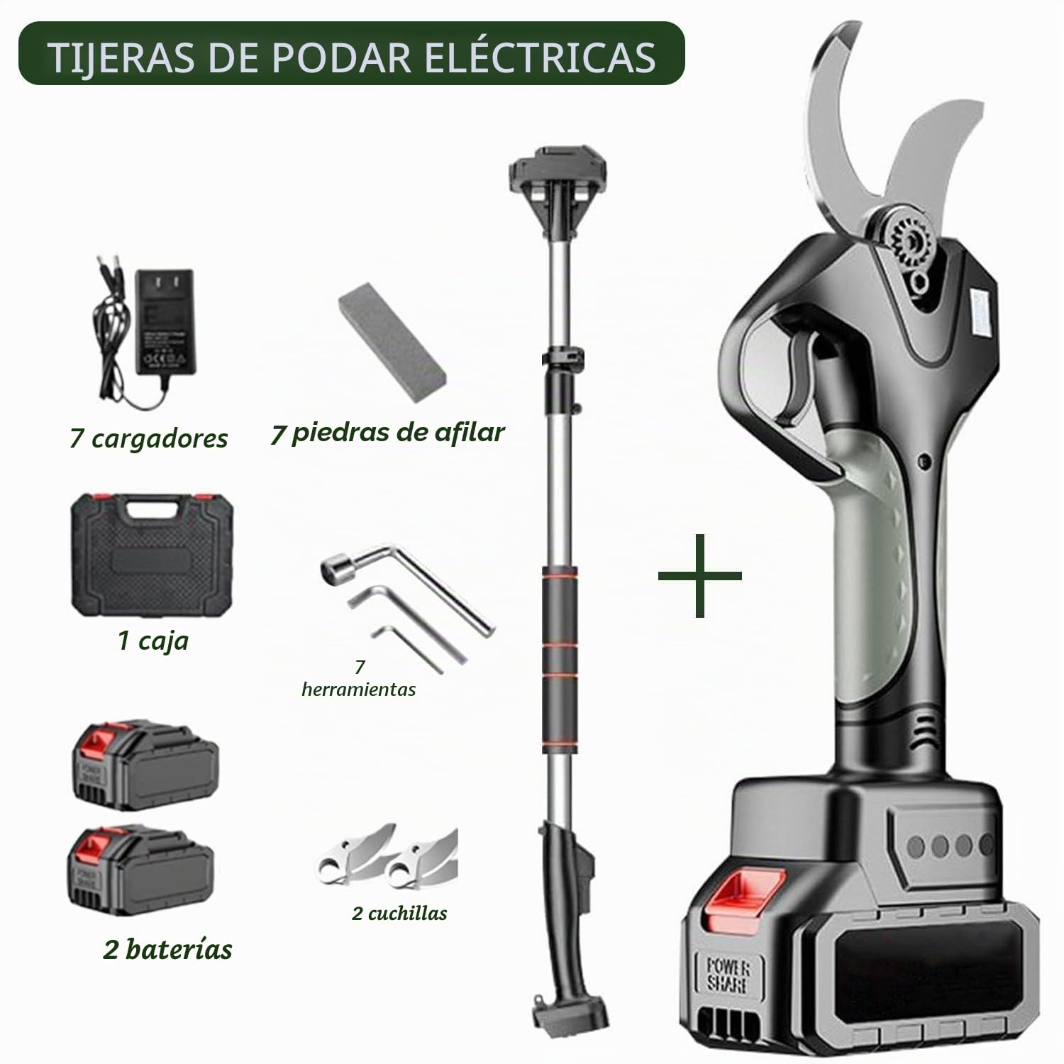 Tijeras De Podar Telescópicas, Eléctricas E Inalámbricas De 50mm con Pértiga De 1.3-2.1M Y 2 Baterías De 4500 Mah, Ideales para Viñedos, Olivos Y Jardinería.
