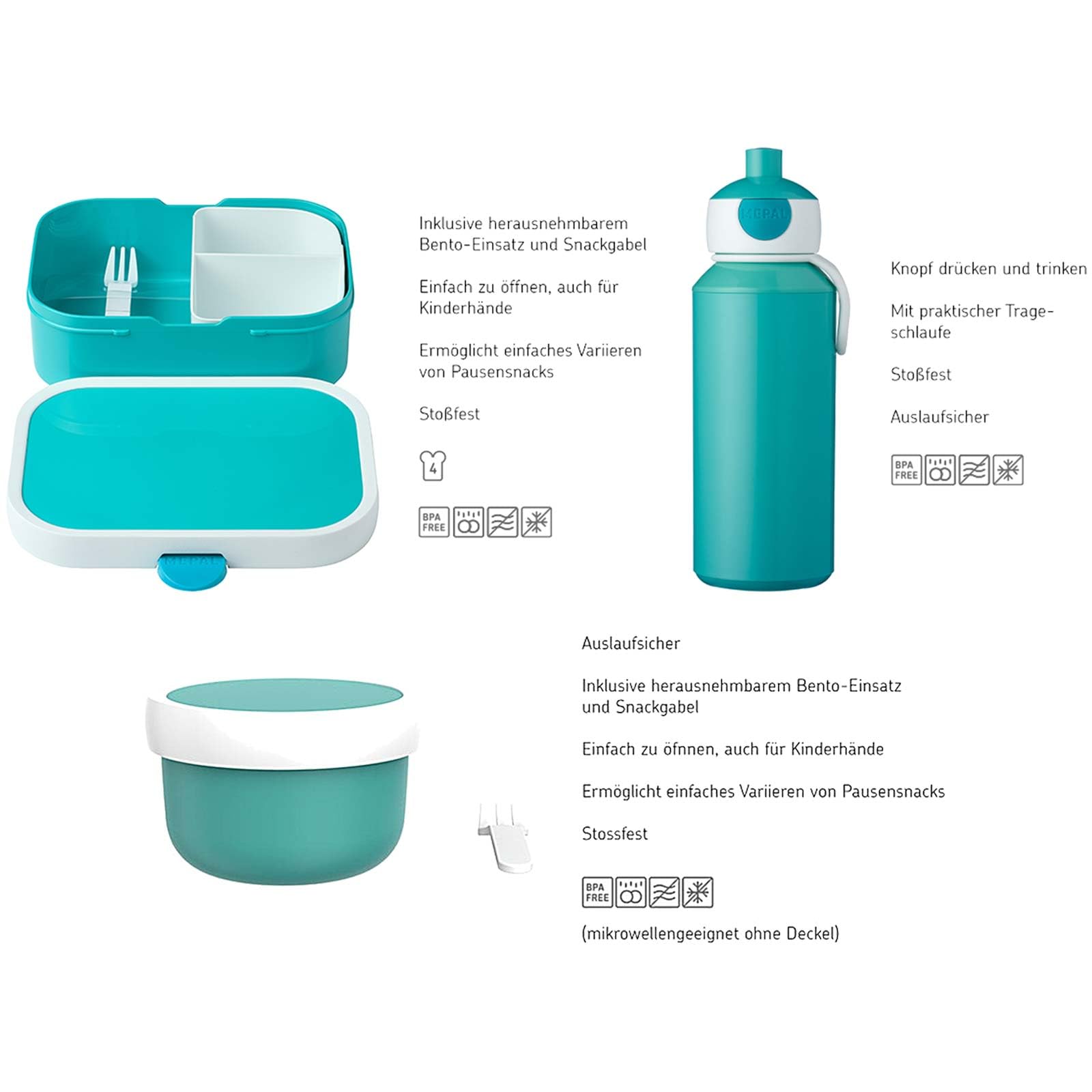 Mepal - Lunch-Set Campus - Lunchset f�r Kinder mit Pop-Up Trinkflasche, Lunch Box & Fruchtbox - Pausen-Set f�r die Schule oder Unterwegs - Sp�lmaschinenfest & BPA-frei - f�r Disney Princess