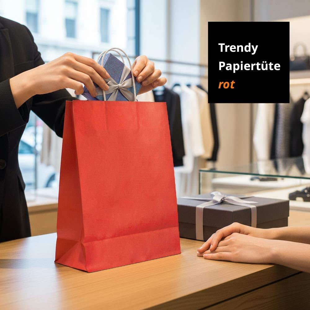 Papiertüten rot mit Kordel-Henkel I 250 Stk. 22+10x28cm I Papiertragetasche für Einzelhandel, Weihnachten, Mitbringsel, TO-GO I Geschenktüten aus Kraftpapier I HUTNER