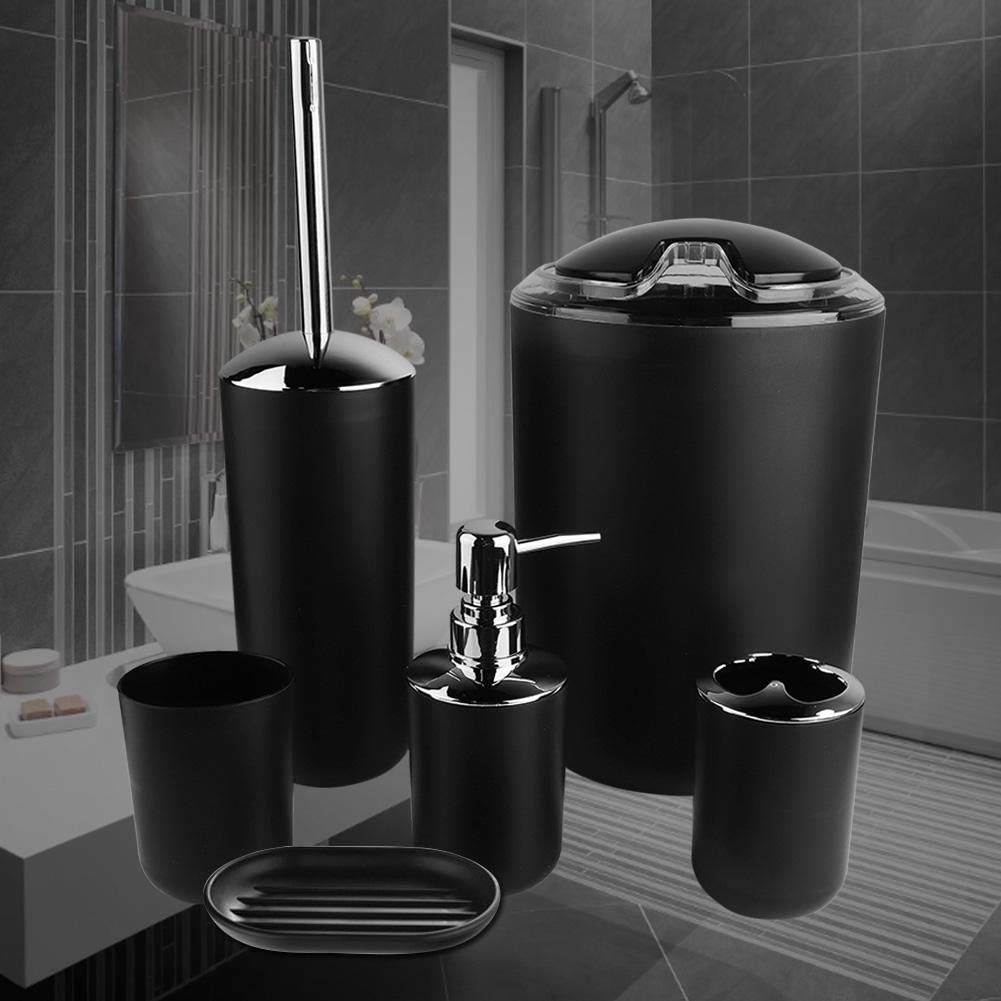 Dioche Juego de accesorios de baño, 6 unidades, dispensador de jabón, jabonera, soporte para cepillos de dientes, taza de enjuague, portaescobilla para inodoro, cubo de basura, juego de baño (negro)