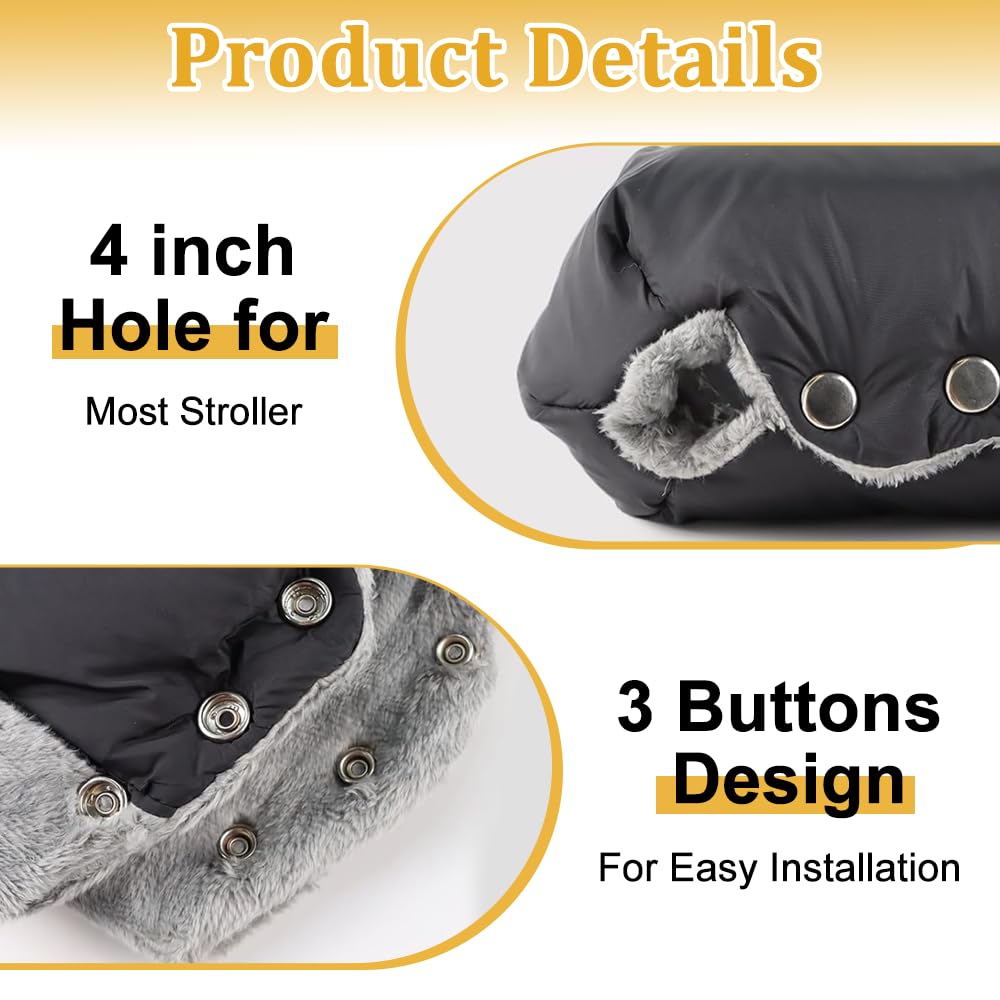 Moufles de Poussette - Fixation par Boutons-Pression - Lavable en Machine - Imperméable et Coupe-Vent - Doublure Polaire Ultra-Chaude