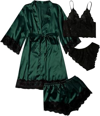 Uillui Womens Silk Sleep Lounge wear 4 Piece Sets Sexy Lingerie Satin Pajama Set Belted Robe Lace Cami Bra Panty Shorts Set