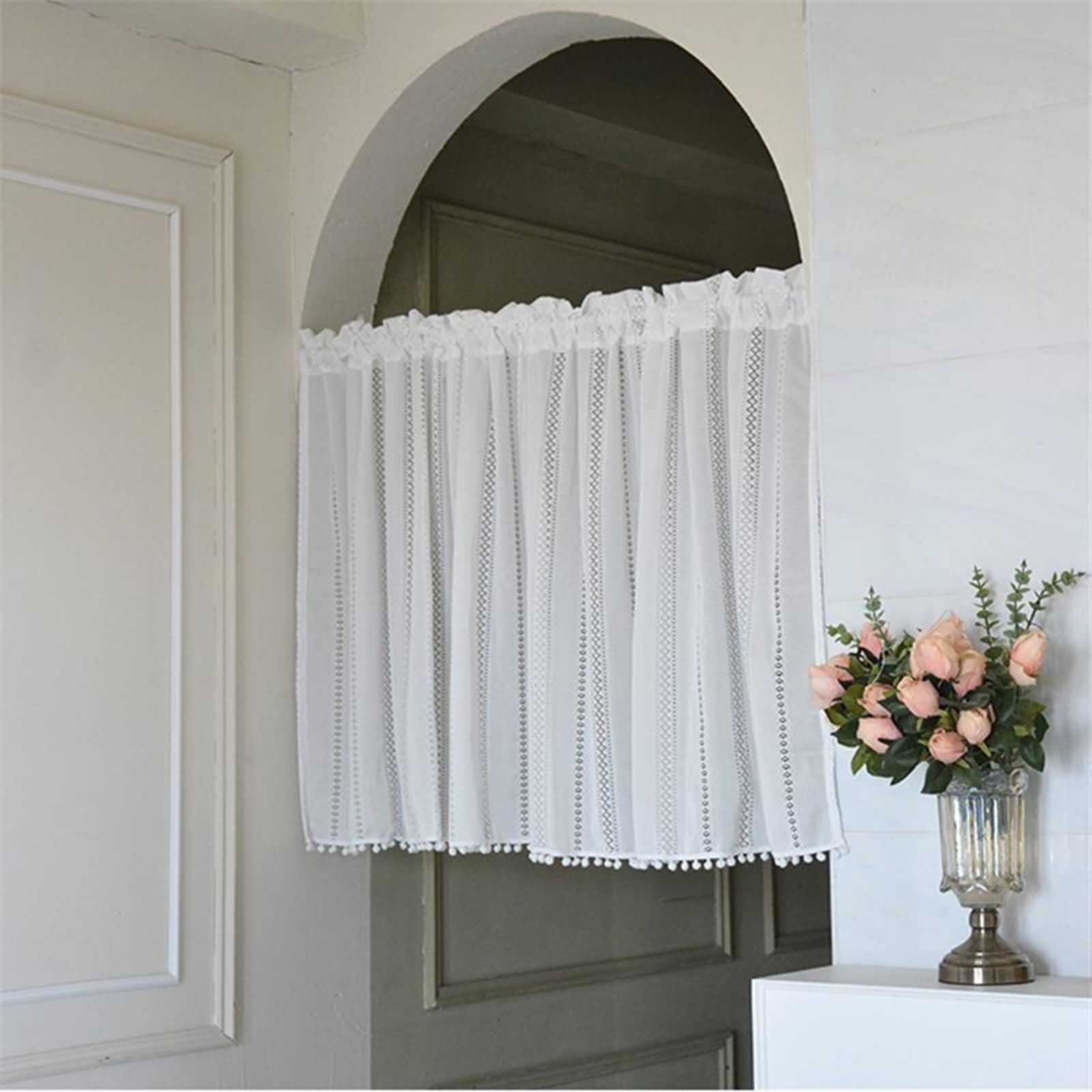 Küchenvorhang 1 Stück Landhausstil Kurz,250 cm Breit,Rod Tasche | Einfarbig mit Quaste,Pflegeleicht Polyester,Lichtdurchlässig,Weiß,250 x 80 CM