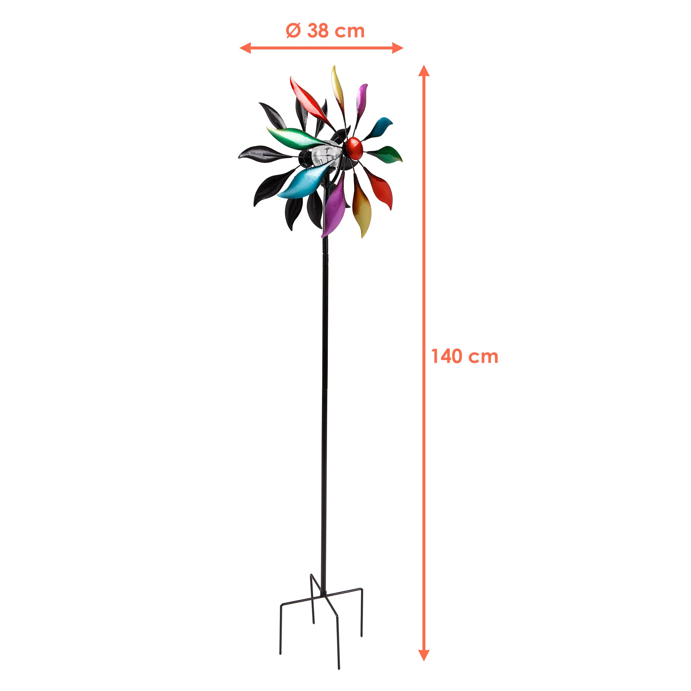 Metalowy podwójny wiatrak z solarną kulką LED, Ø 38 cm, dekoracyjna wtyczka ogrodowa ze zmieniającym się kolorem oświetlenia, dekoracja ogrodowa, wiatrak, kwiat, wtyczka do rabatek, odporna na warunki
