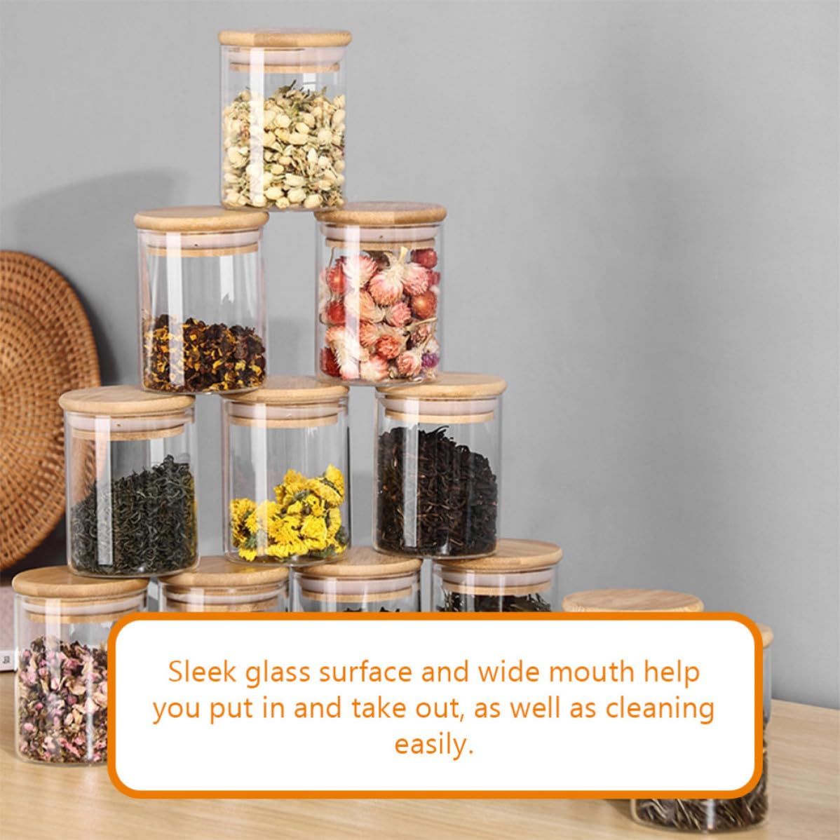 Tarro de Cristal 250ml con Tapa de Bambú, Juego de 12 Unidades | Boca Ancha, Vidrio y Silicona, para Café, Té y Especias, Formato Compacto de Cocina