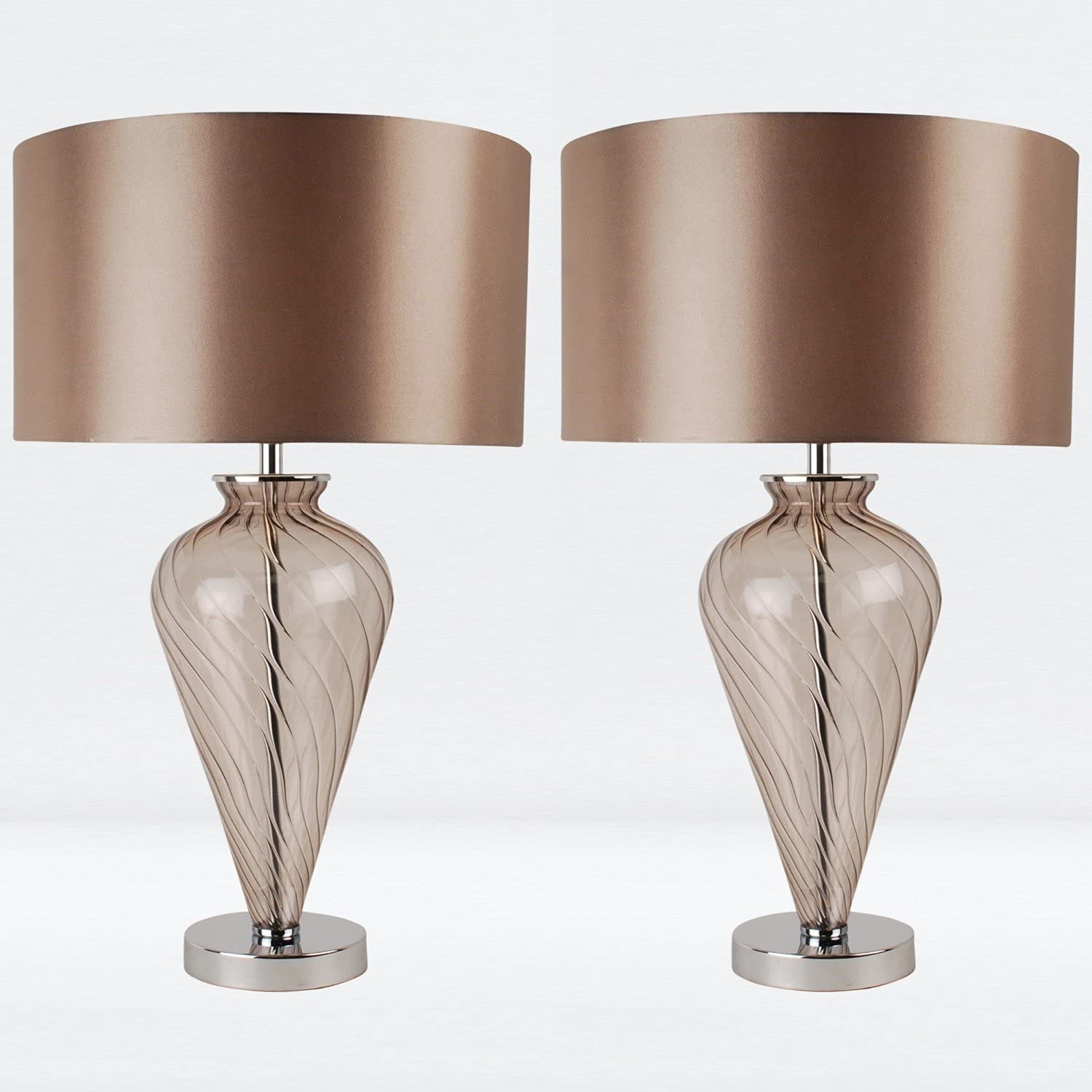 firstchoicelighting Pair of Modern Mocha Glass Bedside Table Lamps Light with Fabric Shades