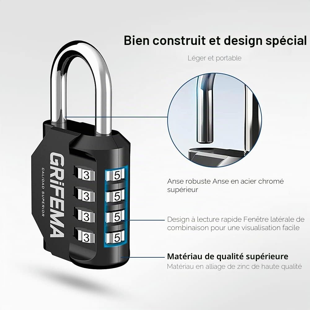 GRIFEMA GA1001-1 Cadenas Code 4 Chiffres Résistant Aux Intempéries Alliage de Zinc Noir