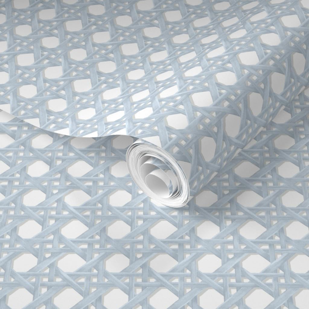 Removable Wallpaper Swatch - Light Blue Cane Weave Rattan Weaving Design Boho Chic Costal Beach House Woven Wicker Custom Pre-Pasted Wallpaper by Spoonflower