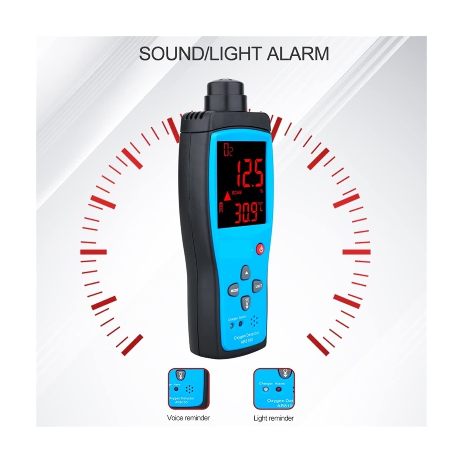 Detector de Gases, Medidor de oxígeno Digital Detector Gas O2 Alarma luz Sonido Monitor Calidad del Aire con Pantalla LCD Temperatura(AT8100)