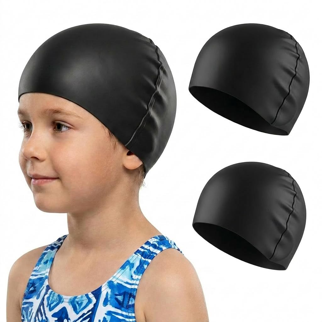 2Pcs Kids Swimming Cap Waterproof, Comfortable Stretchable Silicone Swim Cap, Anti Slip Stretchable Swimming Hat for 6-14 Years Boys & Girls, Long & Short Hair
