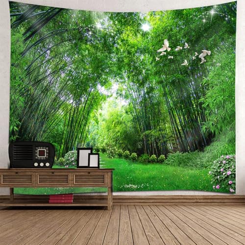 Tapiz de pared infantil y juvenil de bosque de bambú con pájaros silvestres