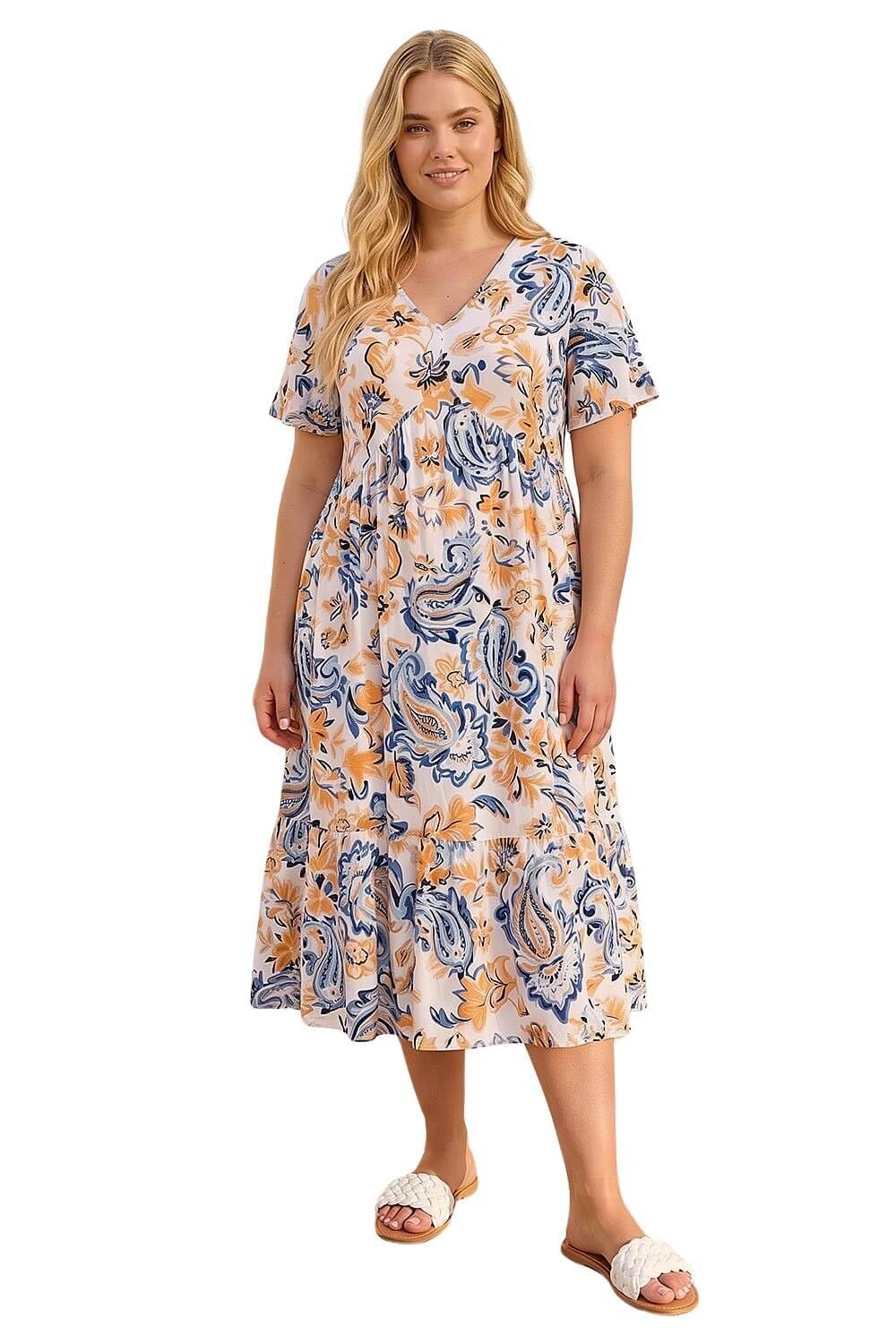 Roman Originals Women's Plus Cobalt Roman Curve Paisley Tiered Frill Midi Dress For Uk - Everyday Holiday Spring Summer V-Neckline Comfy Soft Evening Vacation Work Party - Size 18