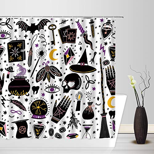 Spooky Halloween Shower Curtain Horror Black Alchemy Magic World Witch Witchcraft Moon Star Gothic Cartoon For Kids Happy Halloween Fabric Bathroom Decor Curtain With Hooks #TOP1