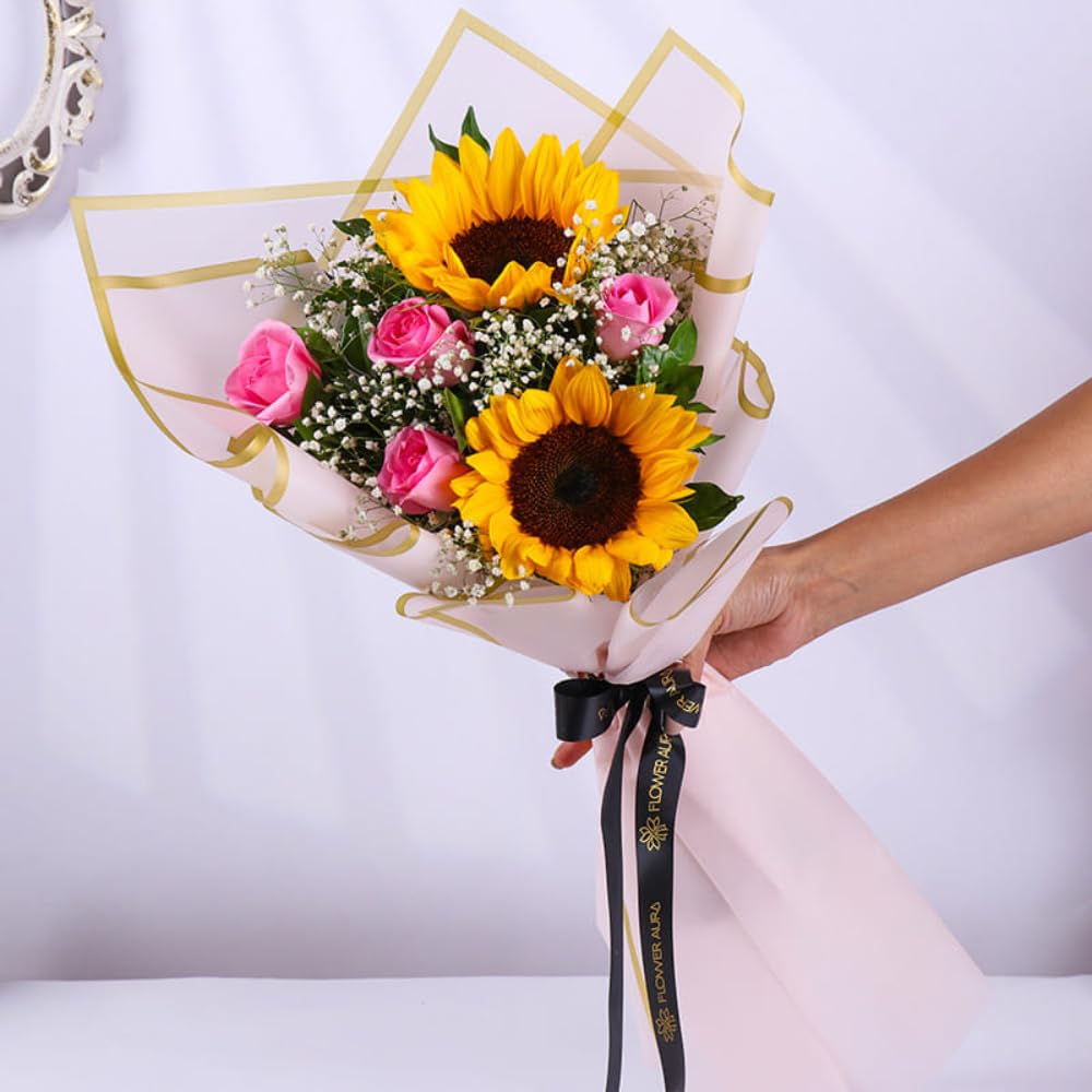 FlowerAura Premium Fresh Live Flower Bouquet of 2 Sunflowers & 5 Pink RosesIn Designer Paper Gift For Birthday | Anniversary | Love | Home Decor | Mothers Day Gift For Mom (Same Day Delivery)-image-42