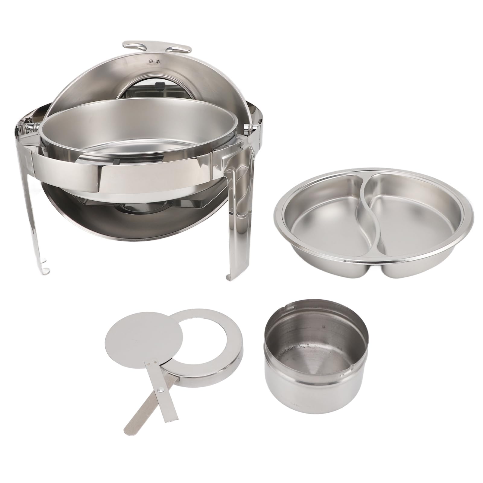 Chafing Dish - Juego de buffet de acero inoxidable, 6 L, buffet, hostelería, calentador de alimentos, calentador de alcohol, tapa de cristal visible, redonda (sartén con 2 compartimentos)