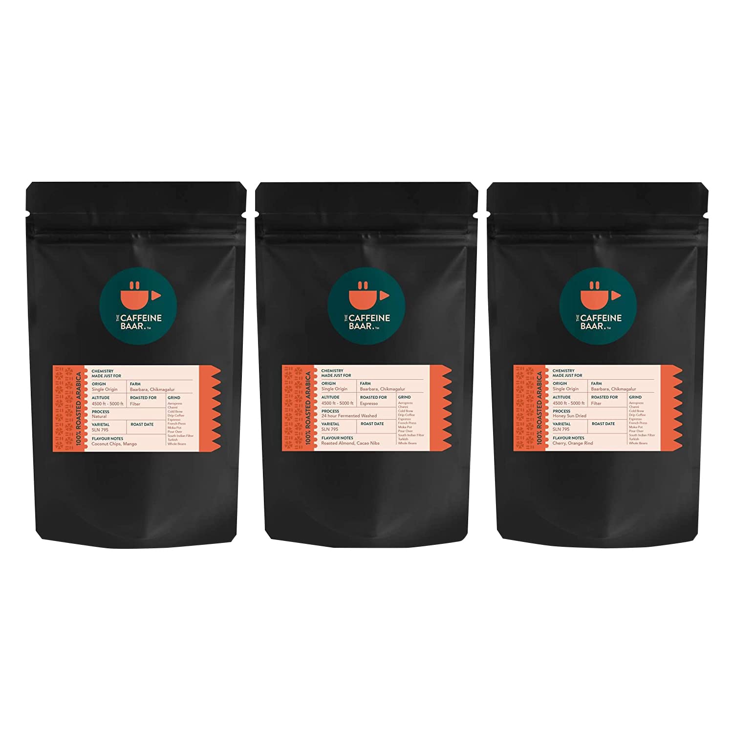The Caffeine Baar | Sample Pack - Classic | Set of 3 Assorted Coffee Packs | Freshly Roasted 100% Arabica Coffee | Chikmagalur Farms (3 Flavours) (Aeropress)