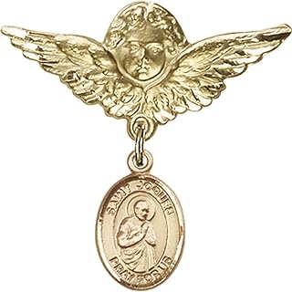 14kt Yellow Gold Baby Badge with St. Isaac Jogues Charm and Angel w/Wings Badge Pin 1 1/8 X 1 1/8 inches