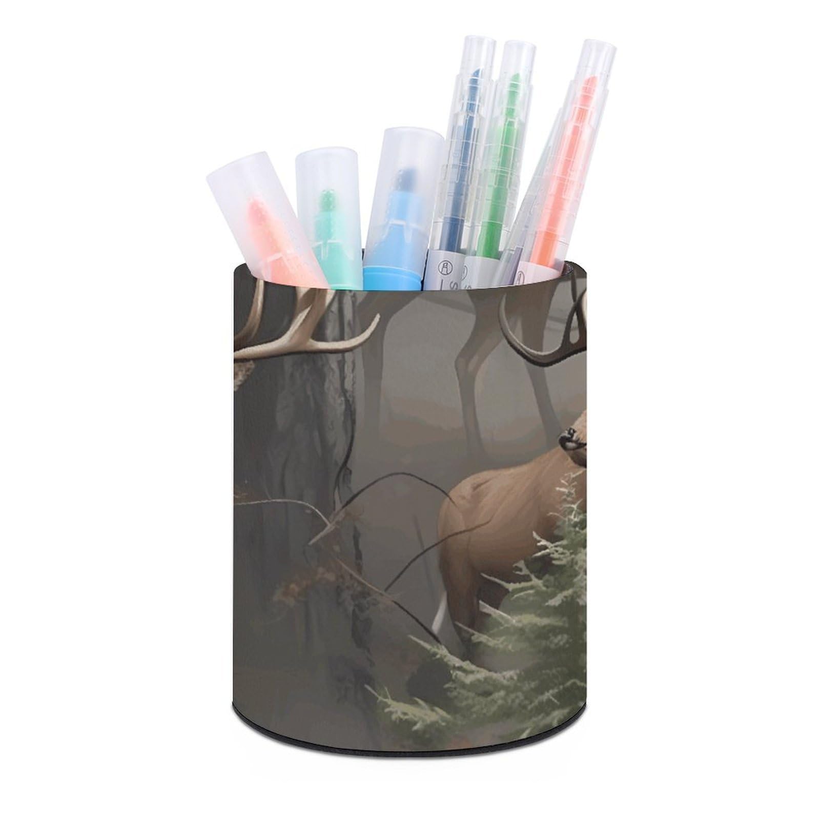 DWVTSLH Aesthetic Pen Holder for Desk - Modern Leather Pencil Holder - Stylish Round Makeup Brush Holder - Hunting Deer Bear Elk Pen Cup Cute And Functional Desk Organizer for Office Supplies