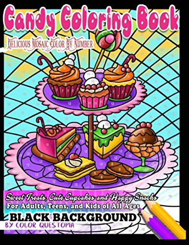 Candy Coloring Book -BLACK BACKGROUND - Delicious Mosaic Color By Number - Sweet Treats, Cute Cupcakes, and Happy Snacks For Adults, Teens, And Kids ... Food Coloring Book (Adult Color By Number) image 2