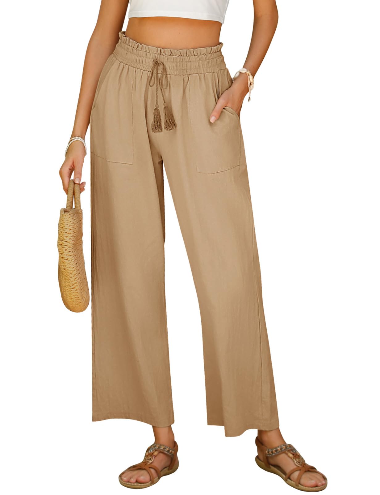 Voqeen Pantalones Casual para Mujer Cintura Alta Pierna Ancha Pantalones de Salón Cordón Elástico Cintura Suelta Cómodo Pantalones de Trabajo de Negocios con Bolsillos
