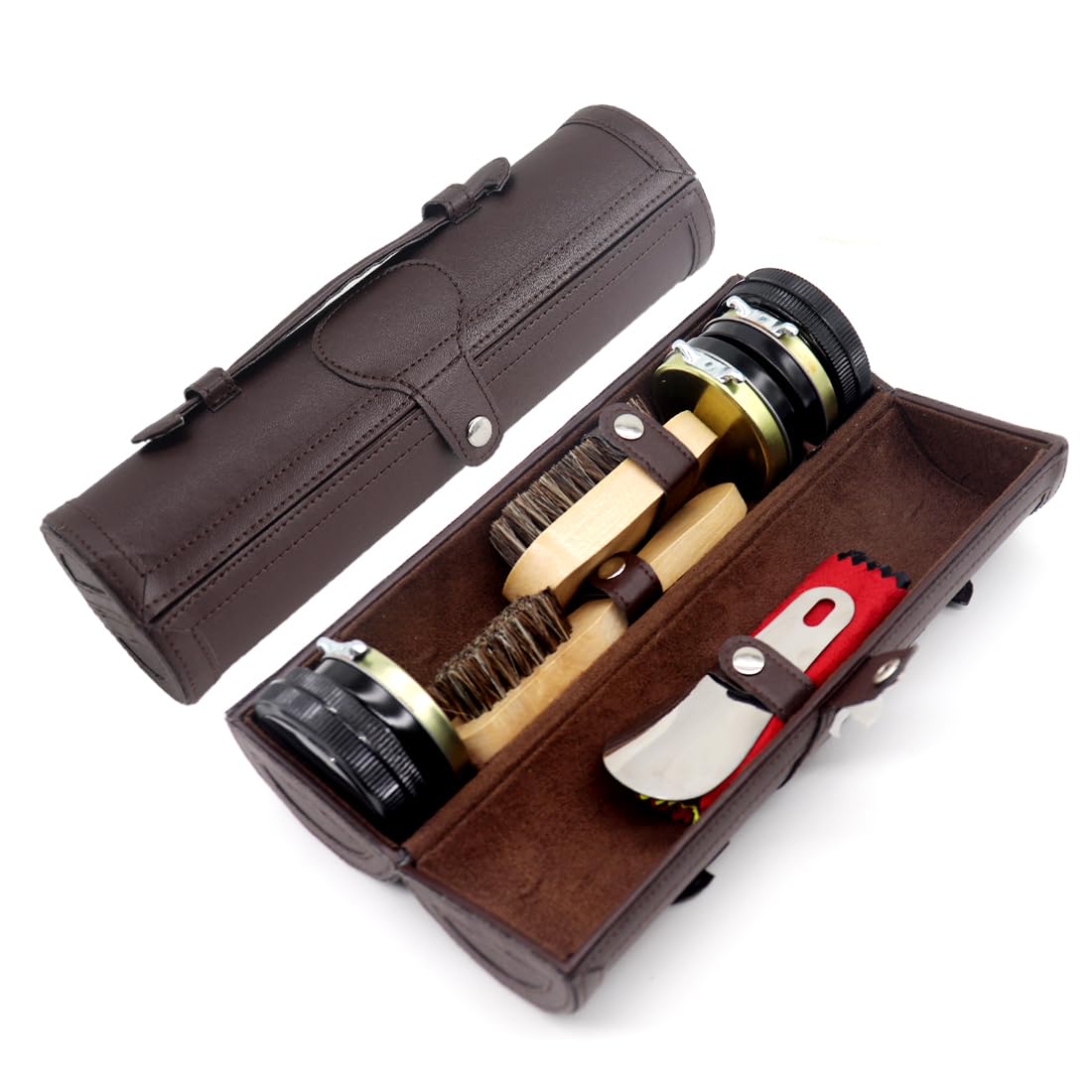 Kit d'Entretien de Chaussures 12 Pièces - Cirage Pour Cuir Avec Cire Marron et Noire, Brosses de Polissage - Compact, Marron