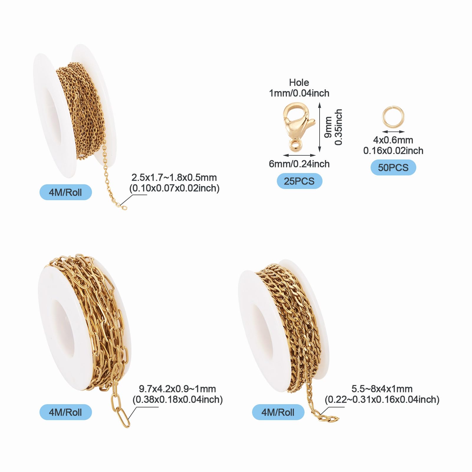 3 rotoli di catena in acciaio inox placcato oro 18 K per la creazione di gioielli, catena in metallo con chiusura a moschettone per la creazione di bracciali, collane e gioielli
