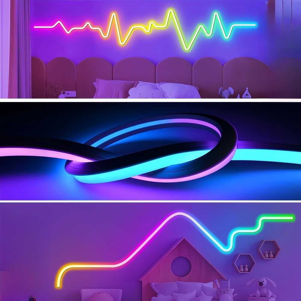 USB Led Neon Light Rope,JUNOQKW 6.56Ft RGB-IC LED Neon Rope Lights for Bedroom, 5V Musci Sync Color Changing Rope Light, APP and 24Keys Wireless Remote, DIY Ideas, Gaming Lights, Home Decorations