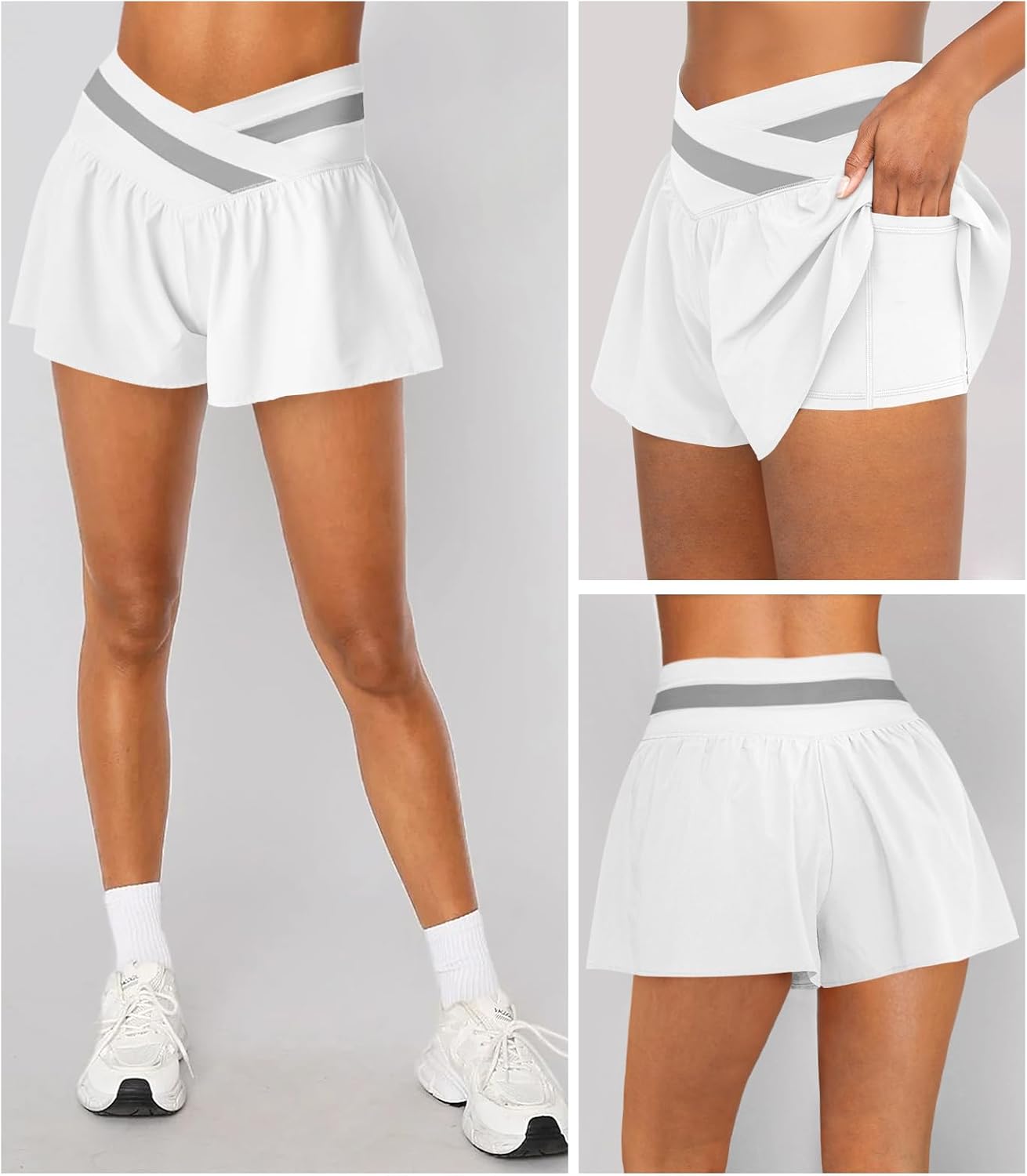 Womens Athletic Workout Shorts Flowy Butterfly Elastic Crossover High Waisted 2 in 1 Running Shorts Pockets for Women - Image 2