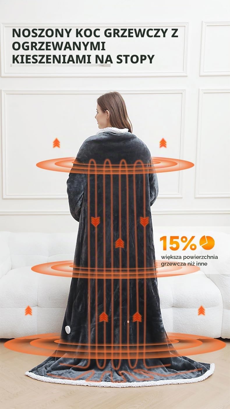 Electric Heated Wearable Blanket,przenośny koc grzewczy z rękawami, kieszenie na stopy