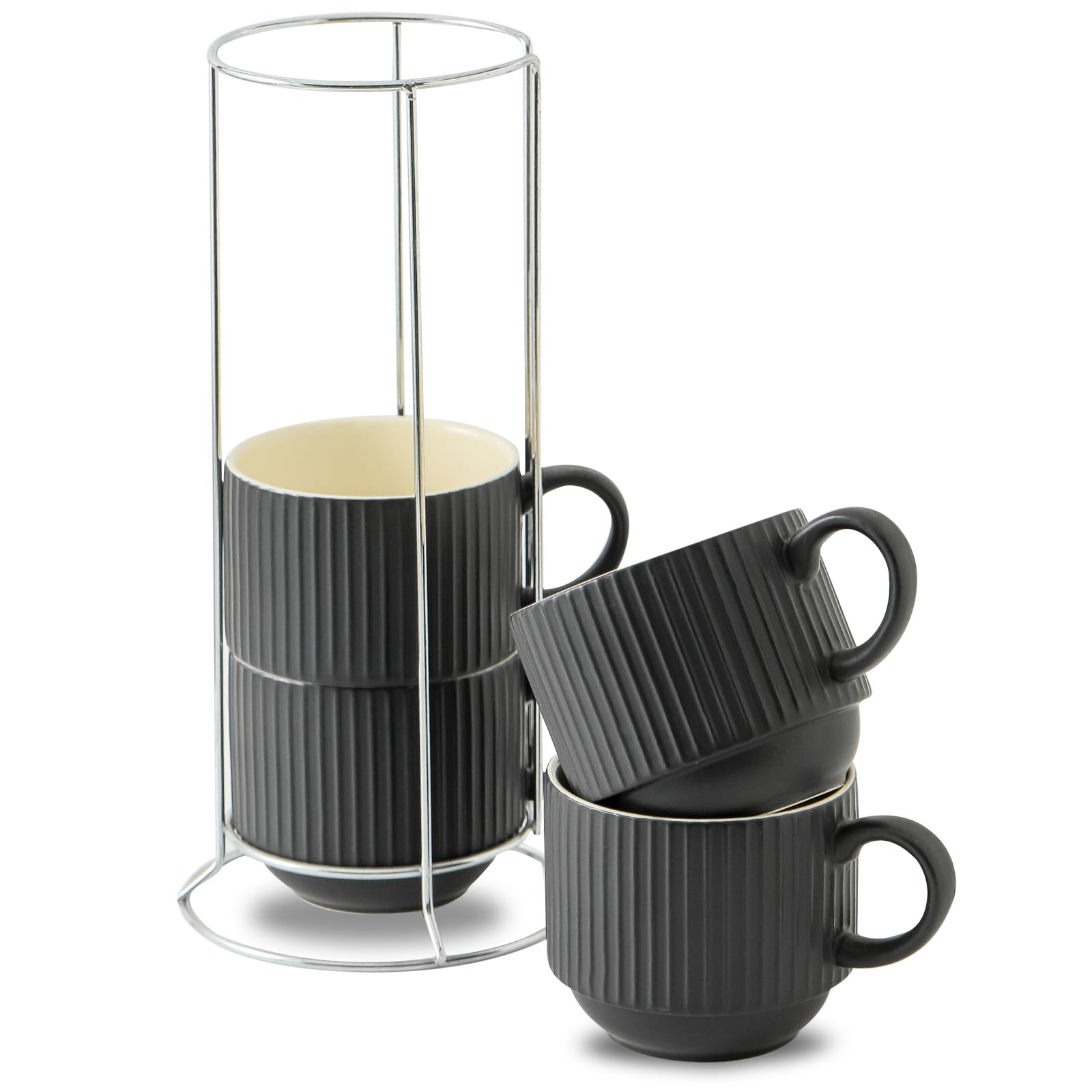 Stackable Coffee Mugs with Rack, 12 Ounce Ceramic Espresso Cups for Latte, Cappuccino, Mocha, Cocoa, Porcelain Ribbed Coffee Cups Set of 4, Dishwasher & Microwave Safe, Black