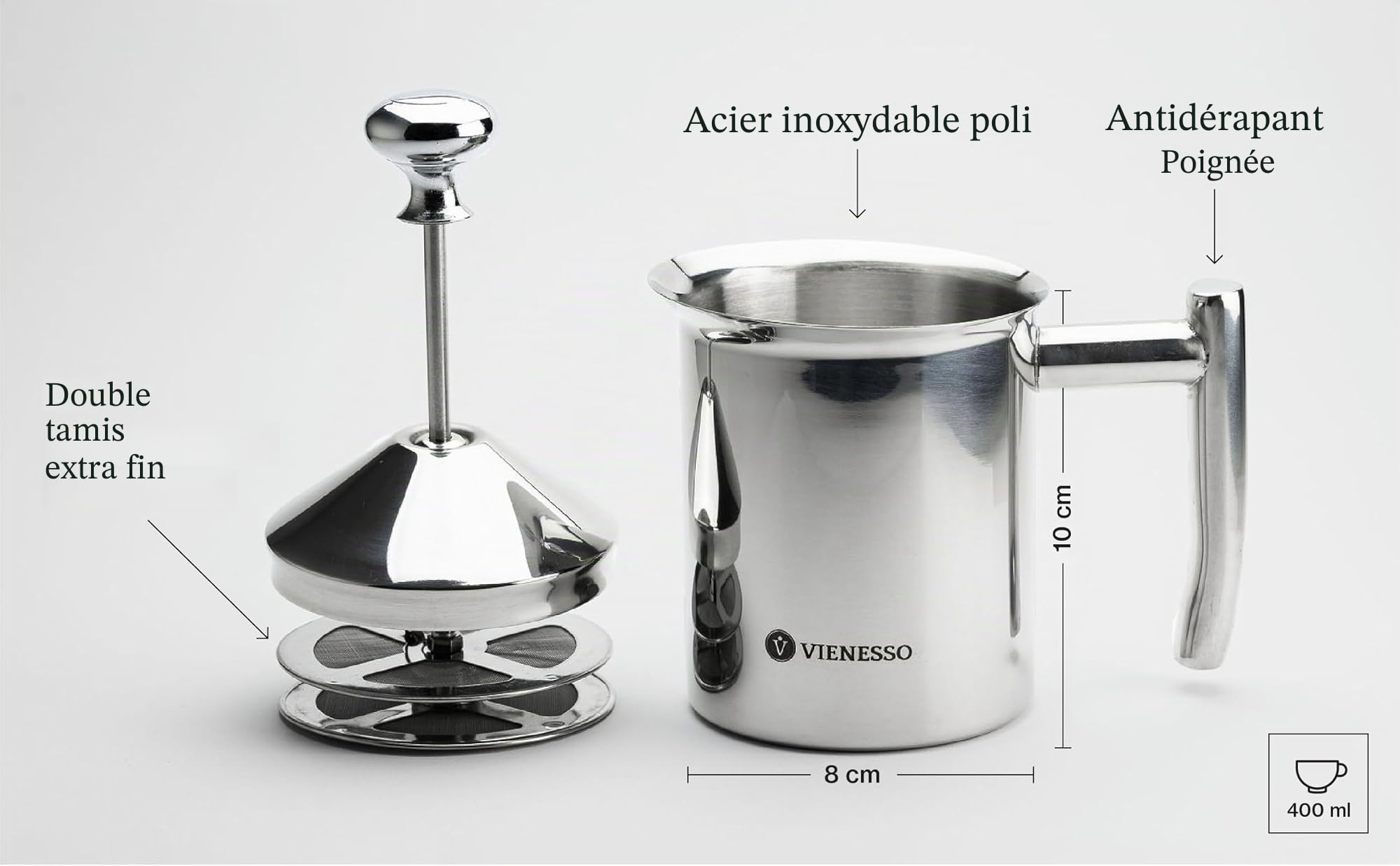 Mousseur à lait manuel en acier inoxydable avec double passoire I Mousseur à lait pour mousse de lait crémeuse pour spécialités de café, Milk Frother (argenté, 400 ml)