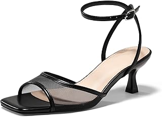 Coutgo Womens Kitten Low Heels Strappy Sandals Mesh Square Open Toe Buckle Ankle Strap Summer Dress Shoes