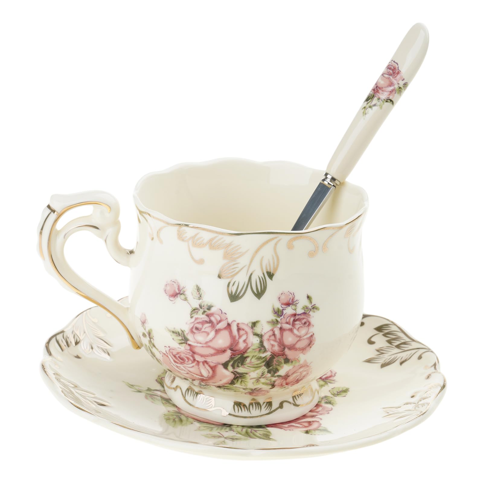 Jazuaiao Porcelain Rose Flower Sea Cup Saucers Set 250ml Ceramics Teas Cup and Saucers with Spoon Drinking Utensils Spoon for Coffee