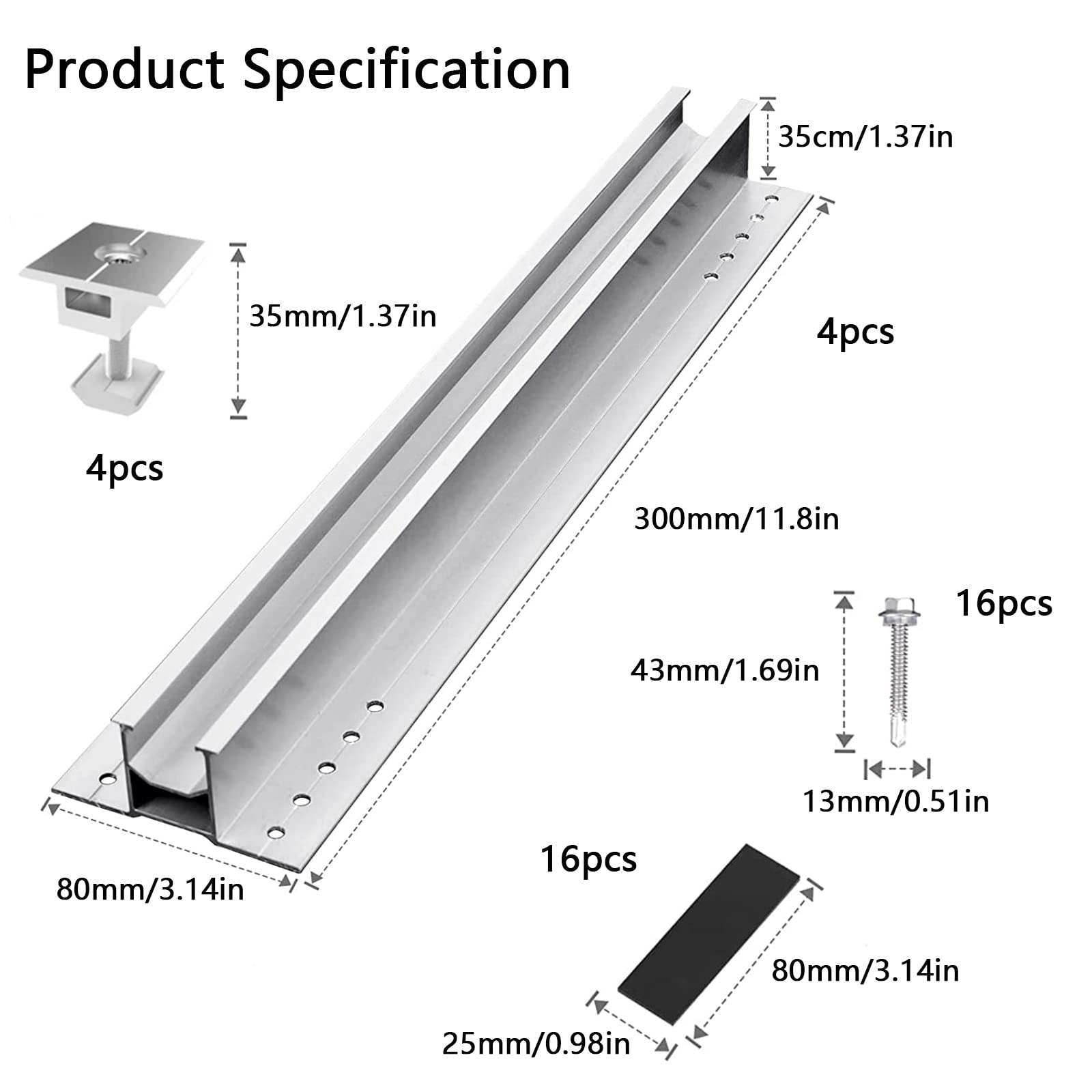 4 Pièces Ensemble de Rails Montage de Support Module Solaire PV Rail de Montage en Aaluminium Modules Solaires Rail de Montage de Panneau Support de Toit pour Camping-cars Caravanes Yacht (300mm)