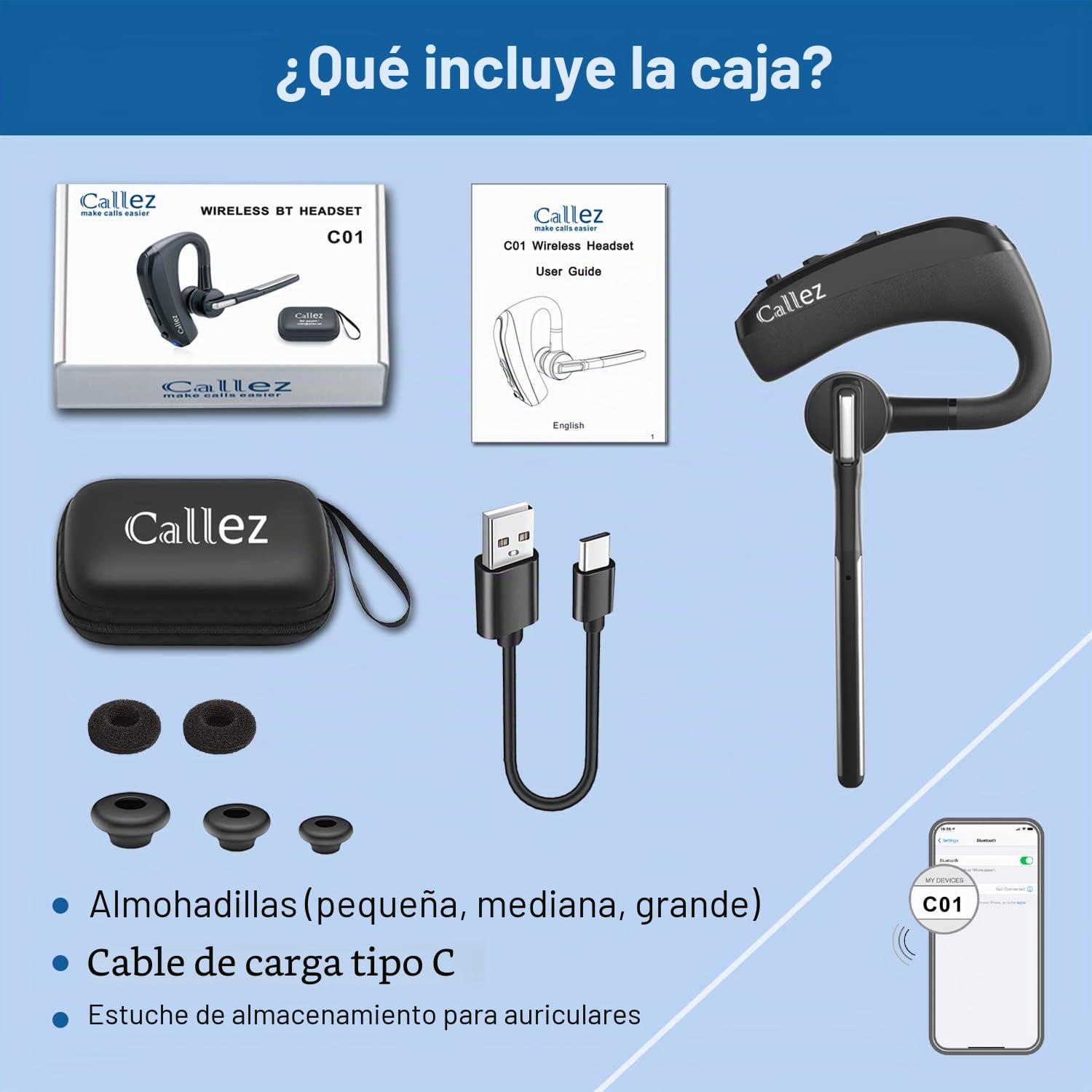 Auriculares Bluetooth con CVC8.0 Doble Micrófono Cancelación de Ruido, Auricular Bluetooth Inalámbricos Pinganillo V5.0 para Móvil iPhone Samsung Conducción Oficina Negocios, Chat Claro