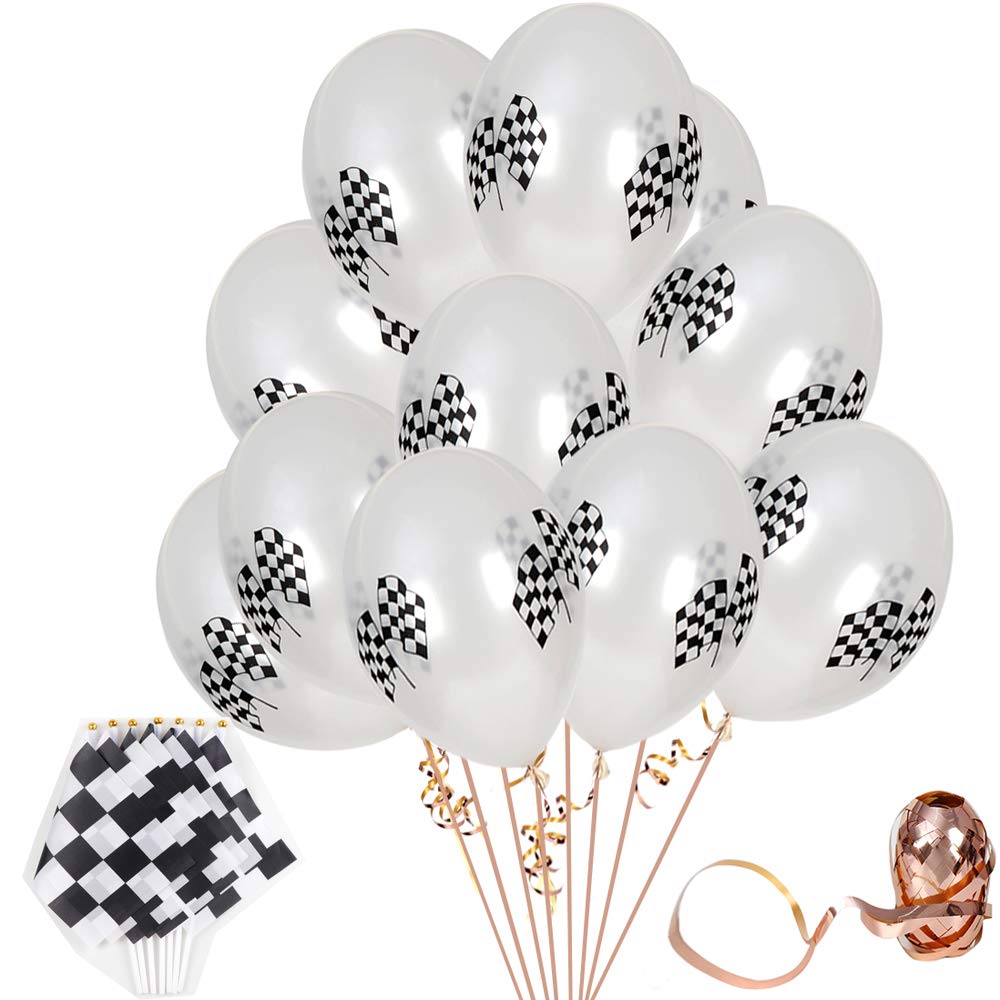 Racing Decorations, 40Pcs checkered Flag Black& White Racing Flag 8 x 5.5 Inch Banner Polyester Flags with Plastic Sticks And 40Pcs Checkered Racing Flags Latex Balloons Race Car Latex Balloons For