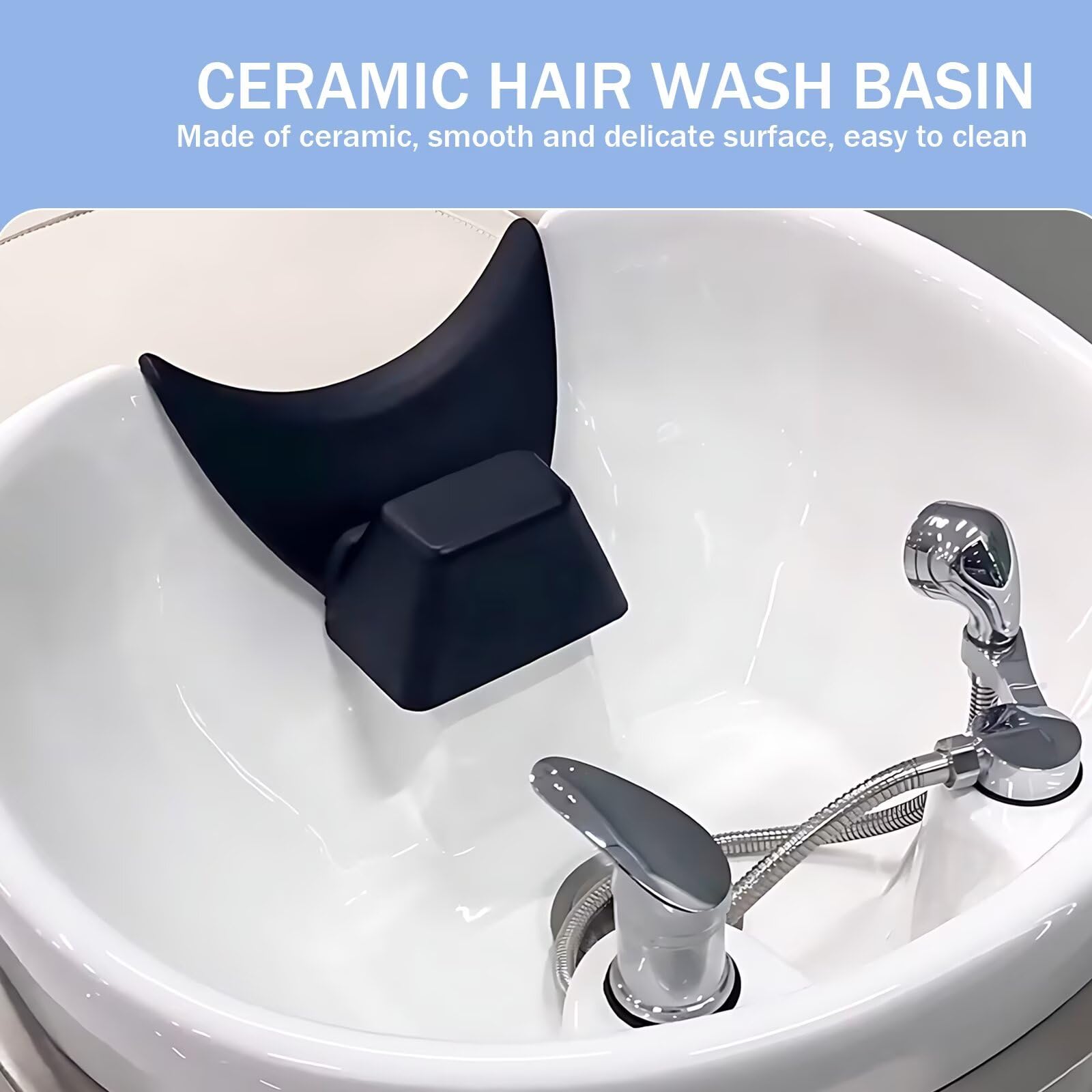 Professionelles Salon-Shampoo-Bett mit Keramikbecken und Massageliege, Design aus schwarzem Glas und Stahl, Kopf-Spa-Ausstattung und Kosmetikliege für vielfältige Zwecke