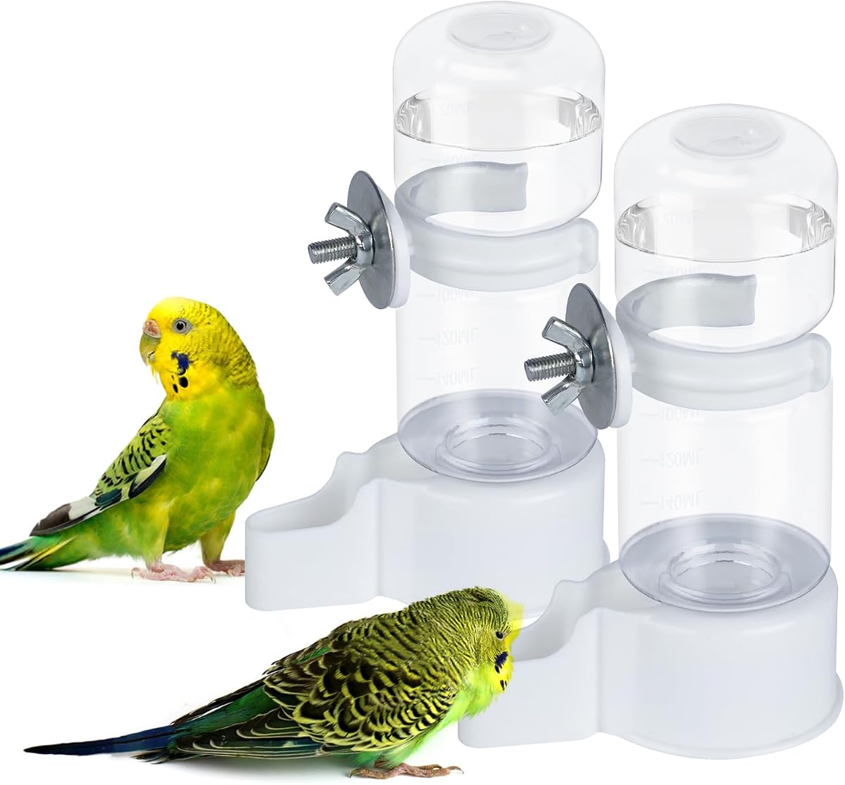2 Pack Automatic Bird Cage Water Dispenser, 4.73 oz Parakeet Water Feeder | Water Dispenser for Birds, Gravity Flow Helps Reduce Mess, Rotating Cage Clip, Budgies Cockatiels Lovebirds